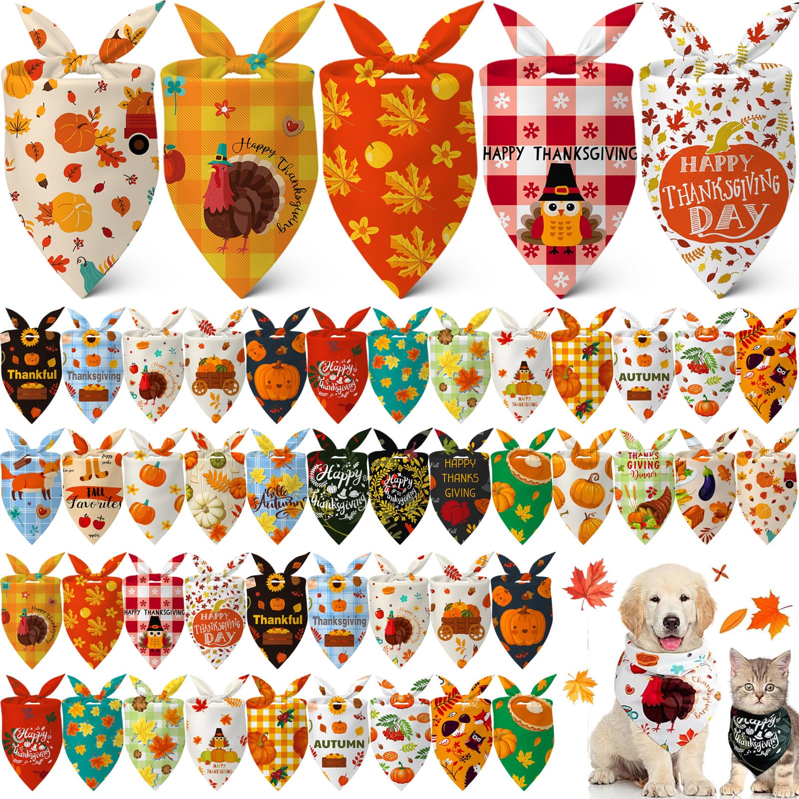 Sanwuta 60 Pcs Fall Dog Bandanas Thanksgiving Dog Bandanas Bulk Adjustable Pet Bibs Triangle Scarf Holiday Costume for Small to Large Pet (Turkey Pattern) — image 1