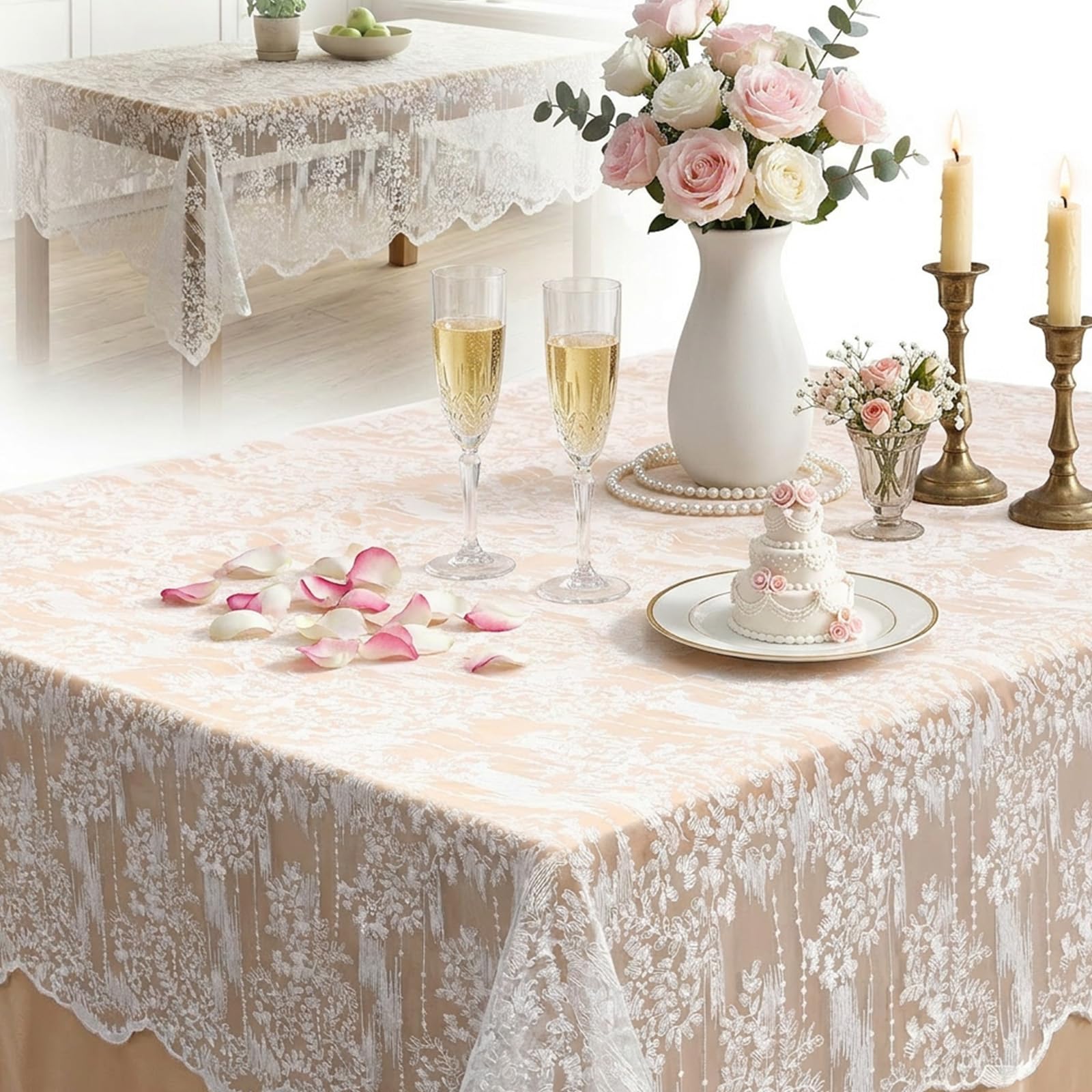 Ghshanog Lace Tablecloth, 135x135/220cm Embroidered Table Cloth, White Vintage Floral Tablecloth, Elegant Scalloped Edge Overlay Cover for Dining Coffee Table Wedding Home Furniture(Square)