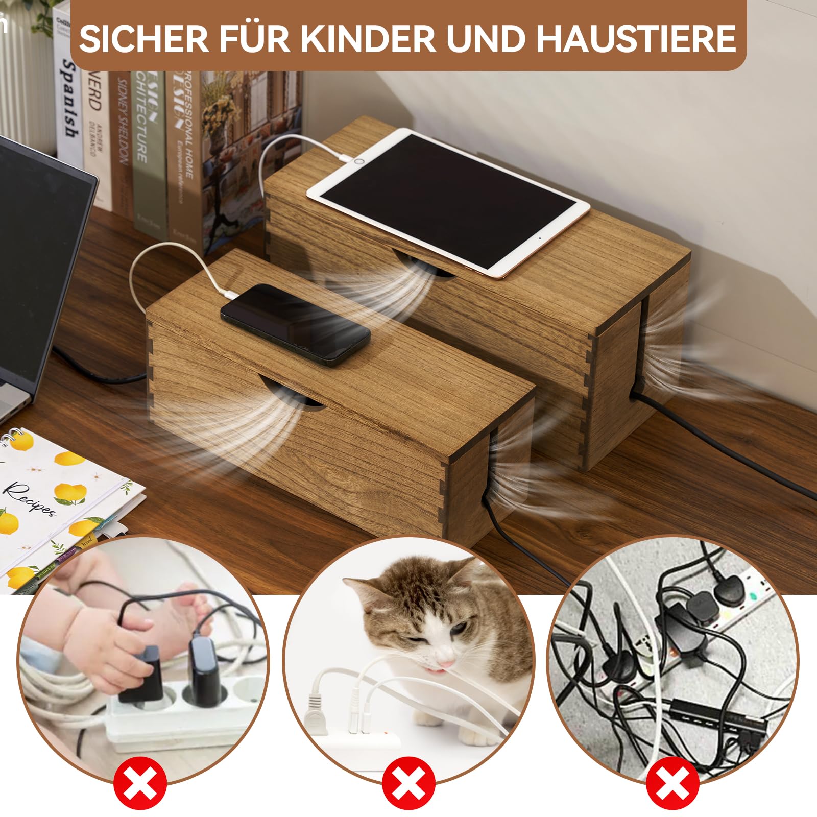 KIRIGEN Kabelbox aus Paulownia-Holz, 2er-Set mit klappbarem Deckel, Kabelmanagement-Box für Steckdosenleisten, Ladegeräte und Netzteile, inklusive 10 Kabelbindern, Dunkelbraun