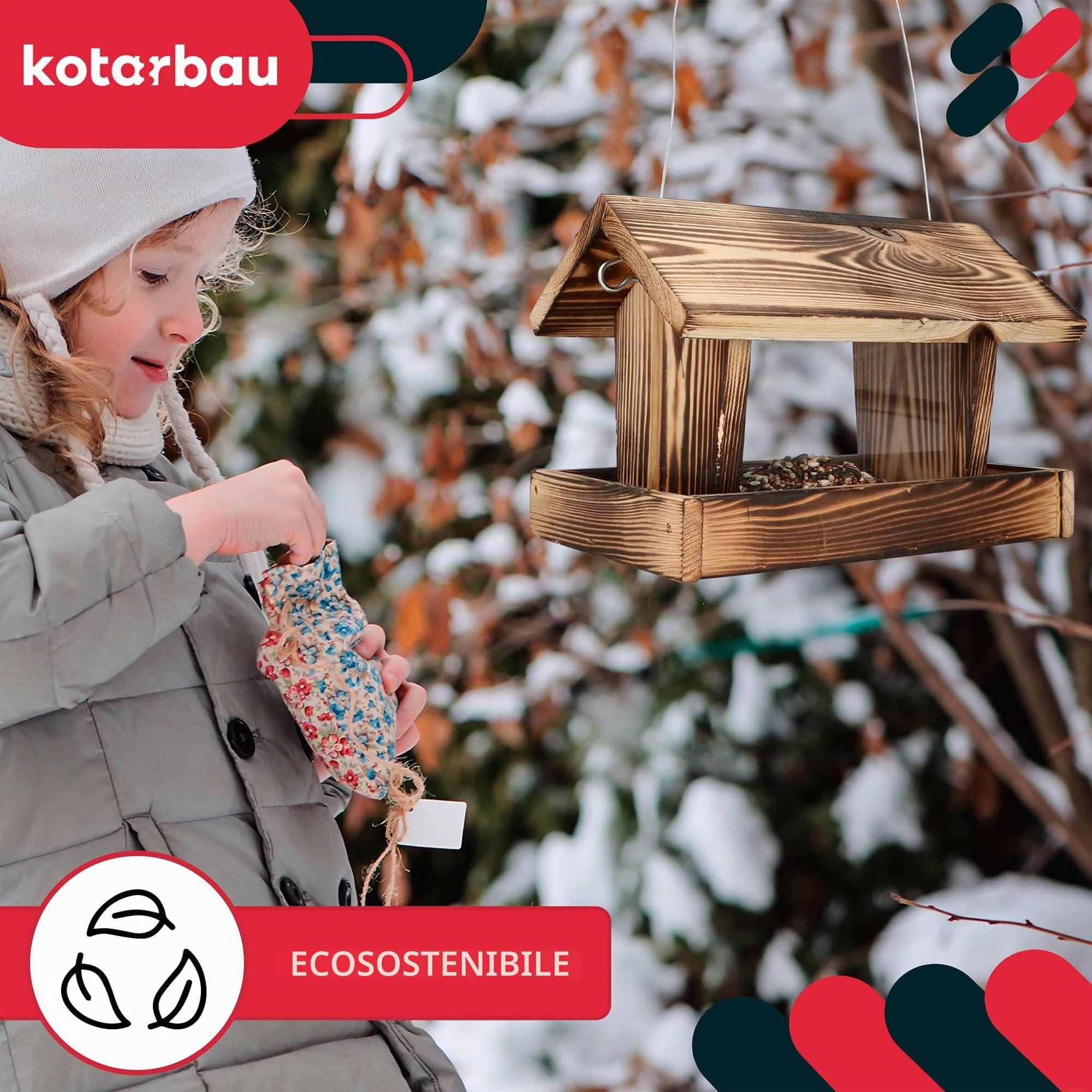 KOTARBAU® Mangiatoia per Uccelli da Esterno - Legno - 28x18x20 cm - Naturale - Con Pareti In Acrilico Trasparente - 0.5 kg Di Mangime - Mangiatoia Uccelli Selvatici - Decorazione da Giardino