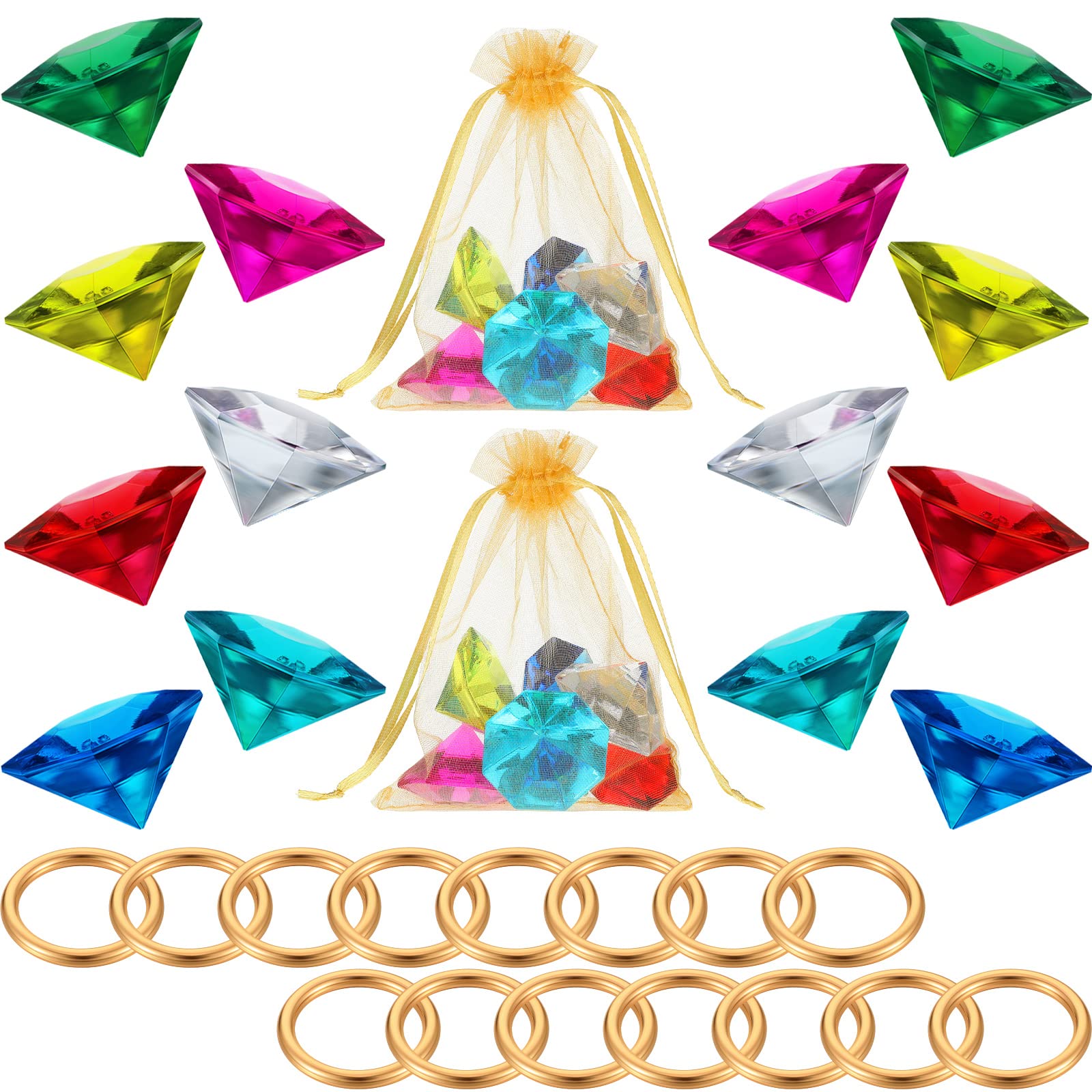 Chalyna45Pcs Acrylic Diamond Gem Jewelry Alloy Gold Round Ring Set Hedgehog Chaos Emerald Power Ring Halloween Party Favor Pirate Treasure Hunting Cake Decor with Gift Bag