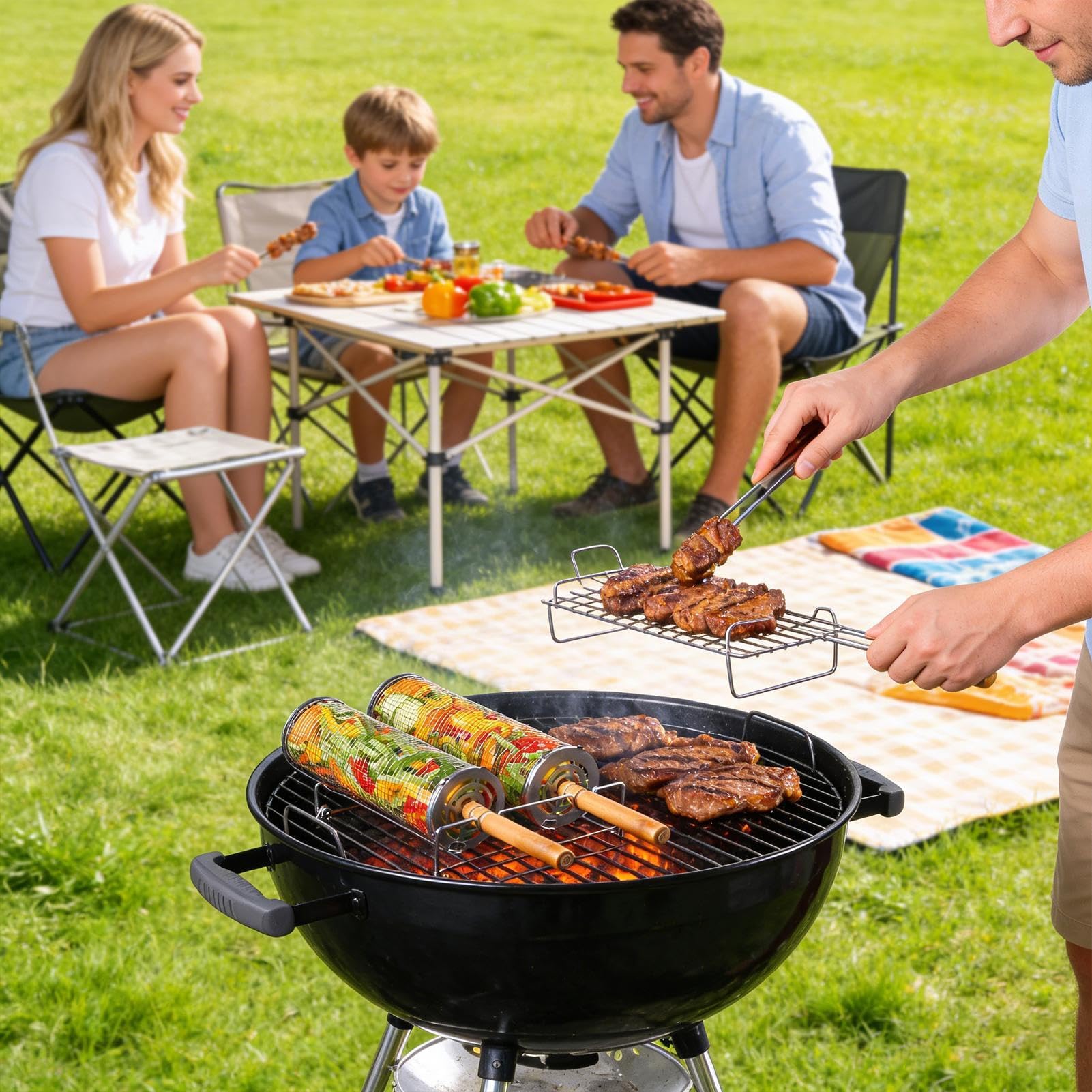 Przenośny obrotowy kosz do grillowania – uniwersalna siatka do grillowania ze stali nierdzewnej na kemping, idealna do weterynarii dla mężczyzn, ojców, rodziny i przyjaciół