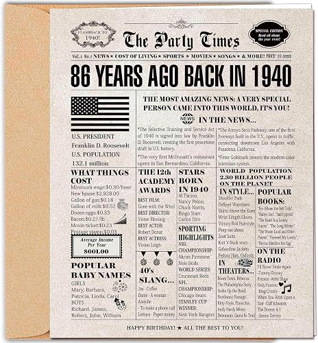 DUGUTUL Vintage 86th Birthday Card, 86 Birthday Decoration, Nostalgic Birthday C