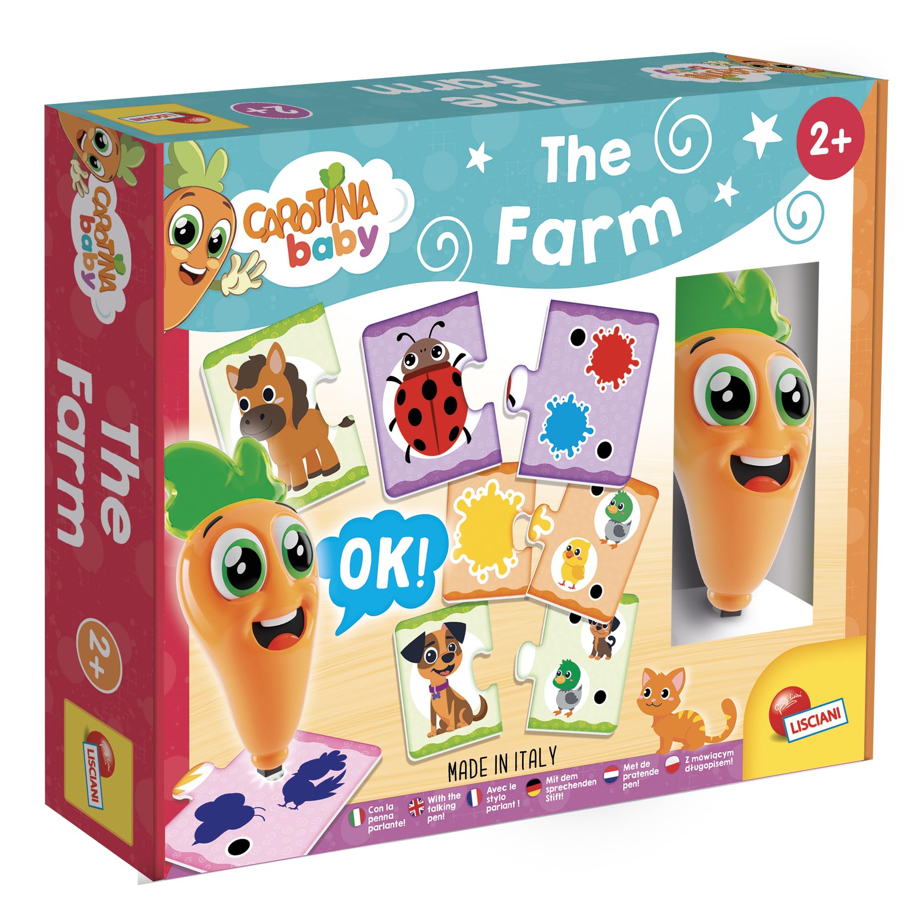 Lisciani - CAROTINA BABY - Farm Interactive Educational Game with Carotina Talking Light Pen - For Children from 2 Years - 10 Puzzles of 2 Pieces - Quiz to learn about Animals, Colours & Shapes