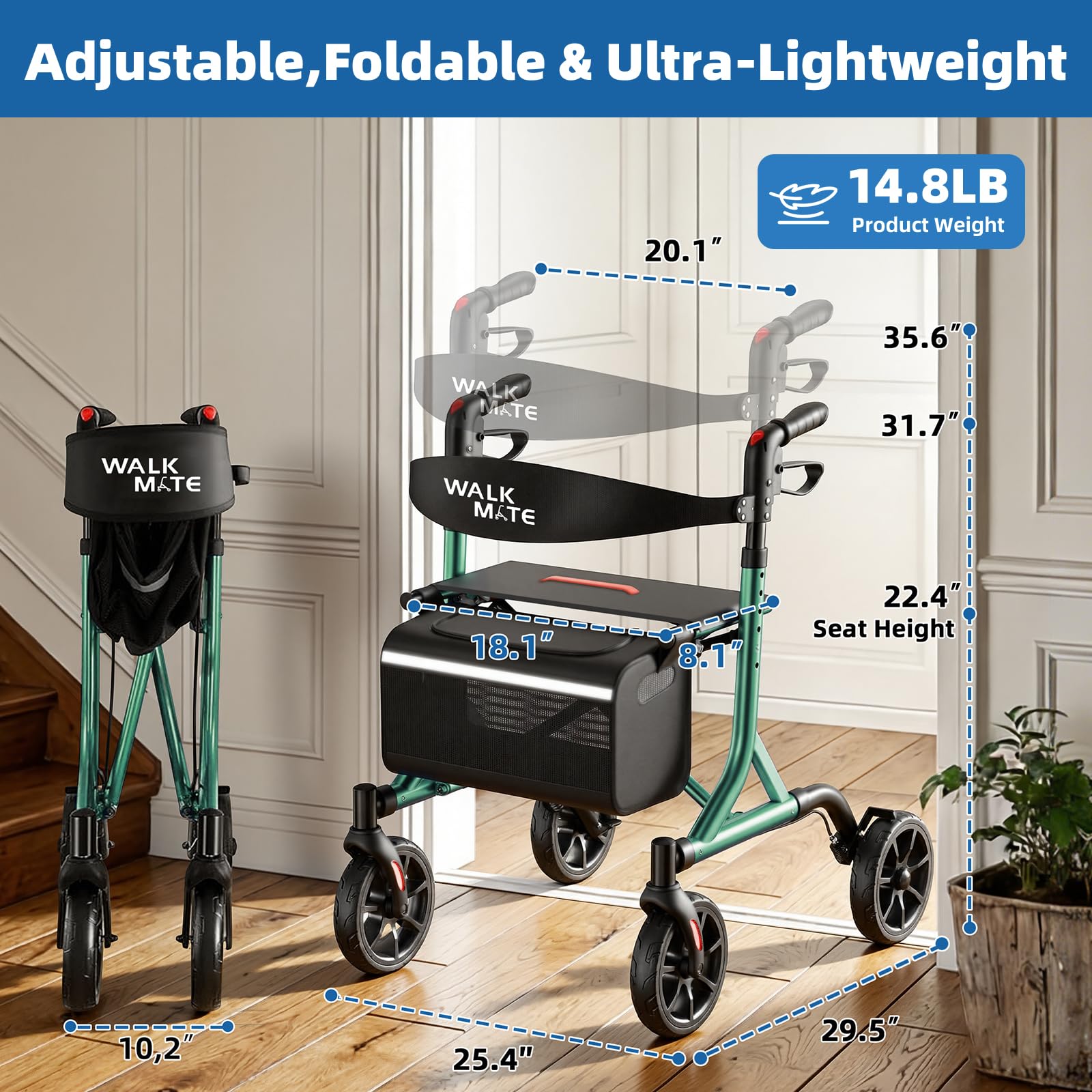 WALK MATE Andador con ruedas para personas mayores con soporte para tazas, botón mejorado para ajuste de altura, ruedas de 4 x 8 pulgadas con respaldo acolchado, plegable, ligero, ayuda para caminar,