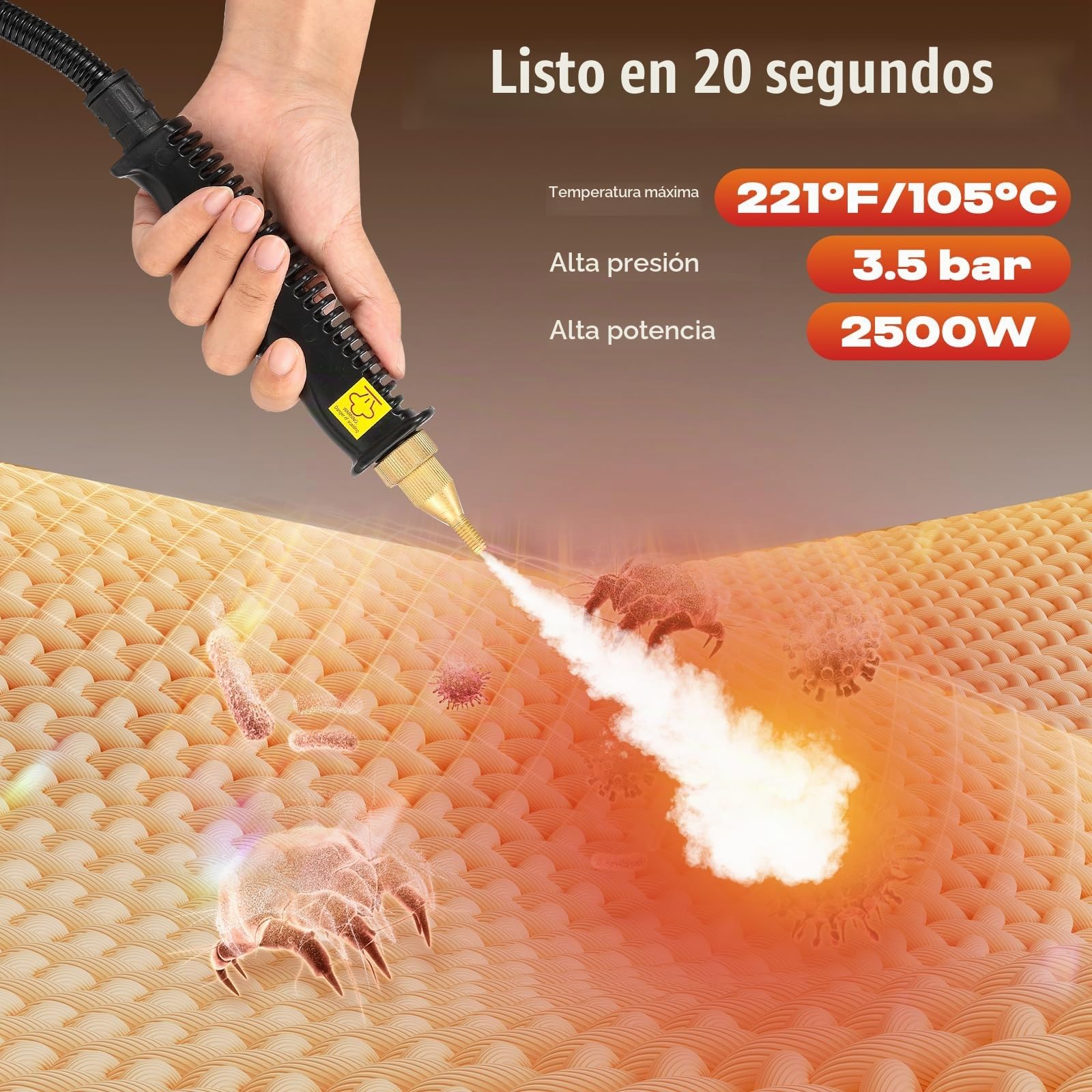 Moongiantgo Limpiador a Vapor Portátil 2500W, Vaporeta de Mano 3.5 BAR con 1.5L Tanque de Agua, 6 Velocidades Ajustable, Maquina de Vapor Limpieza Hogar para Cocina, Baño, Azulejos, Coches (Blanco)
