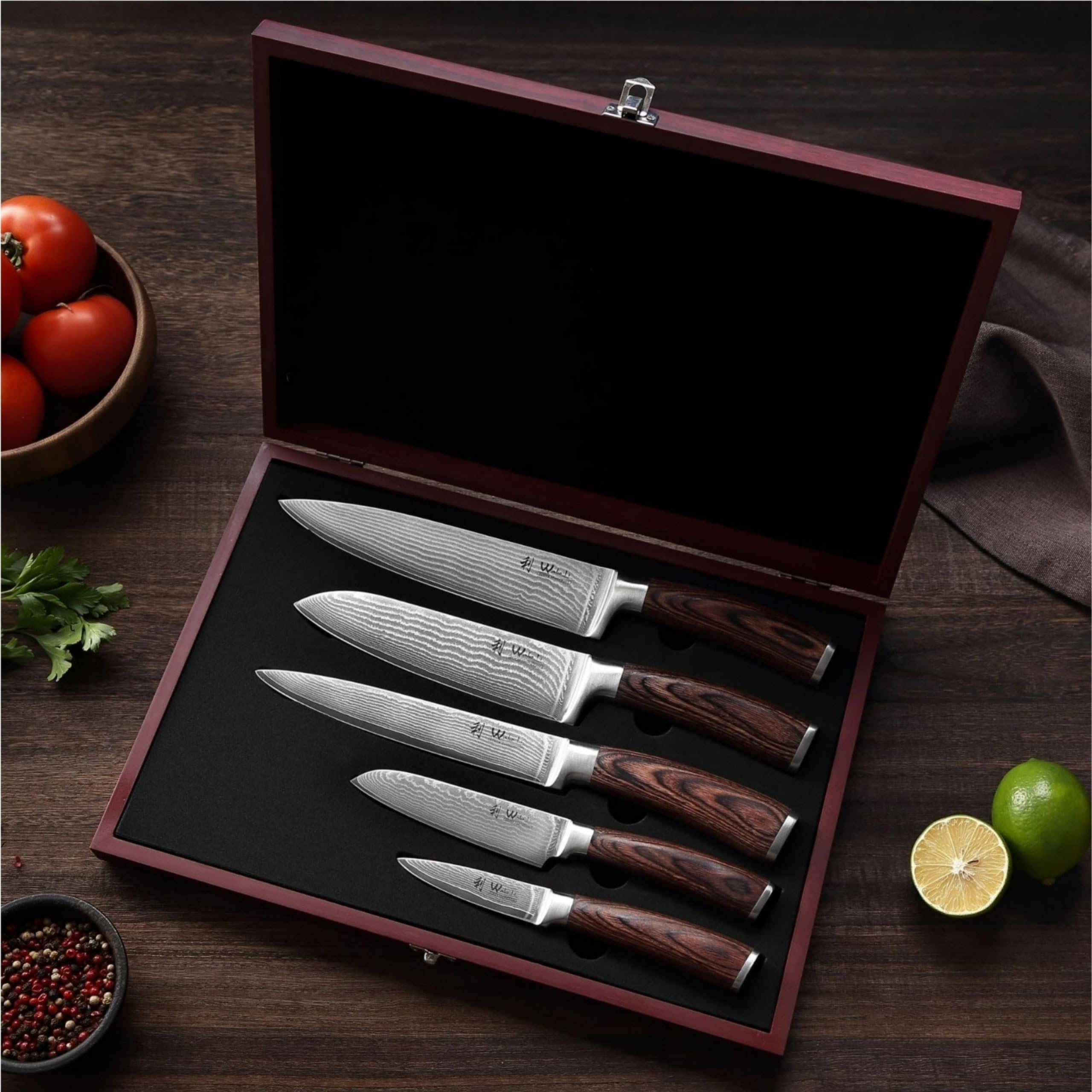 WAKOLI EDIB Set de 5 Couteaux de Cuisine Professionnels en Acier de Damas | avec des lames à 67 couches, un noyau VG10, des manches en bois de pakka, présentés dans un élégant coffret en bois