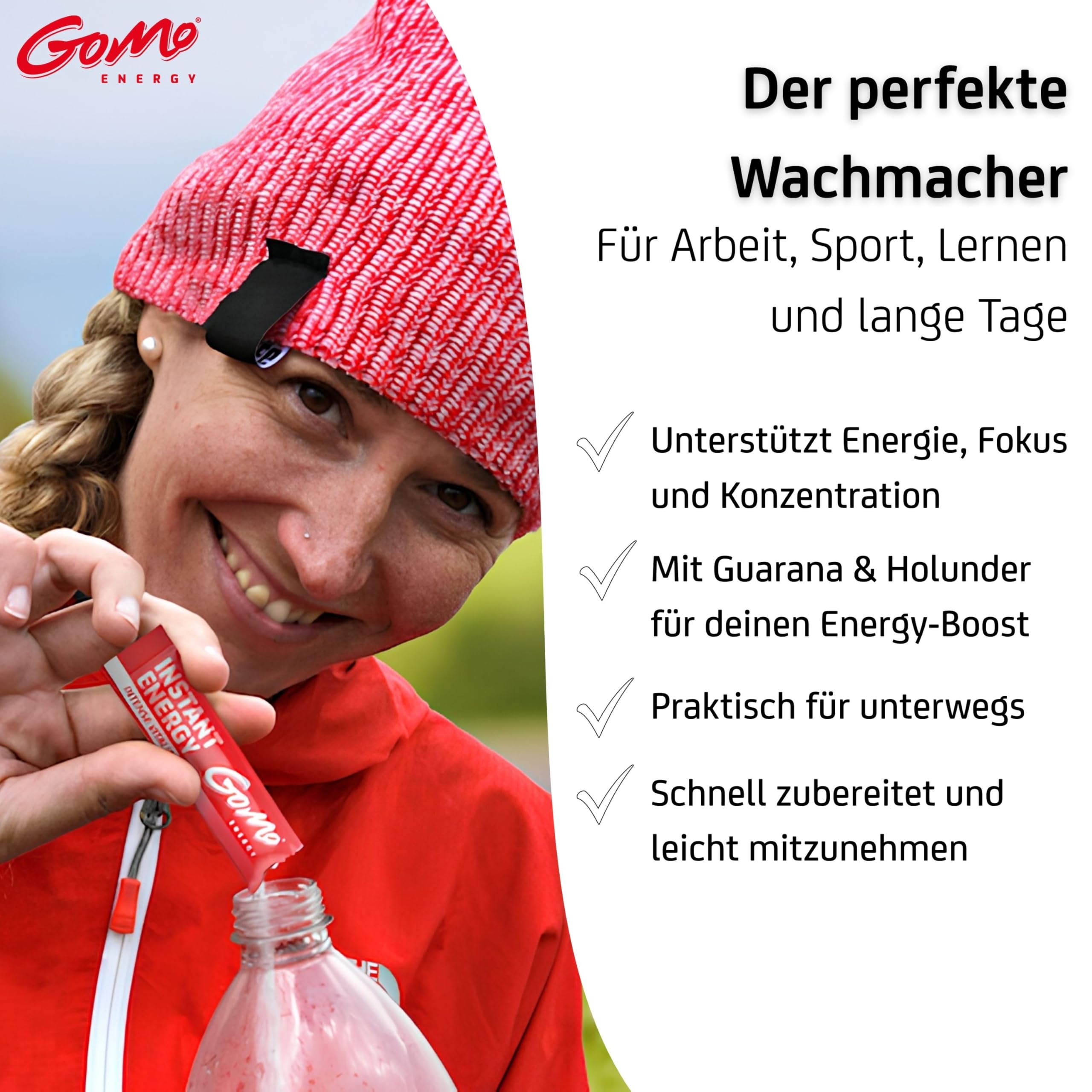 GoMo ENERGY® Energiegetränk ohne Zucker I Wachmacher mit L-Carnitin, Koffein, Vitamin-B-Komplex hochdosiert I Getränkepulver mit beerigem Holunder Geschmack I INTENSE VITALITY (100 Stk)
