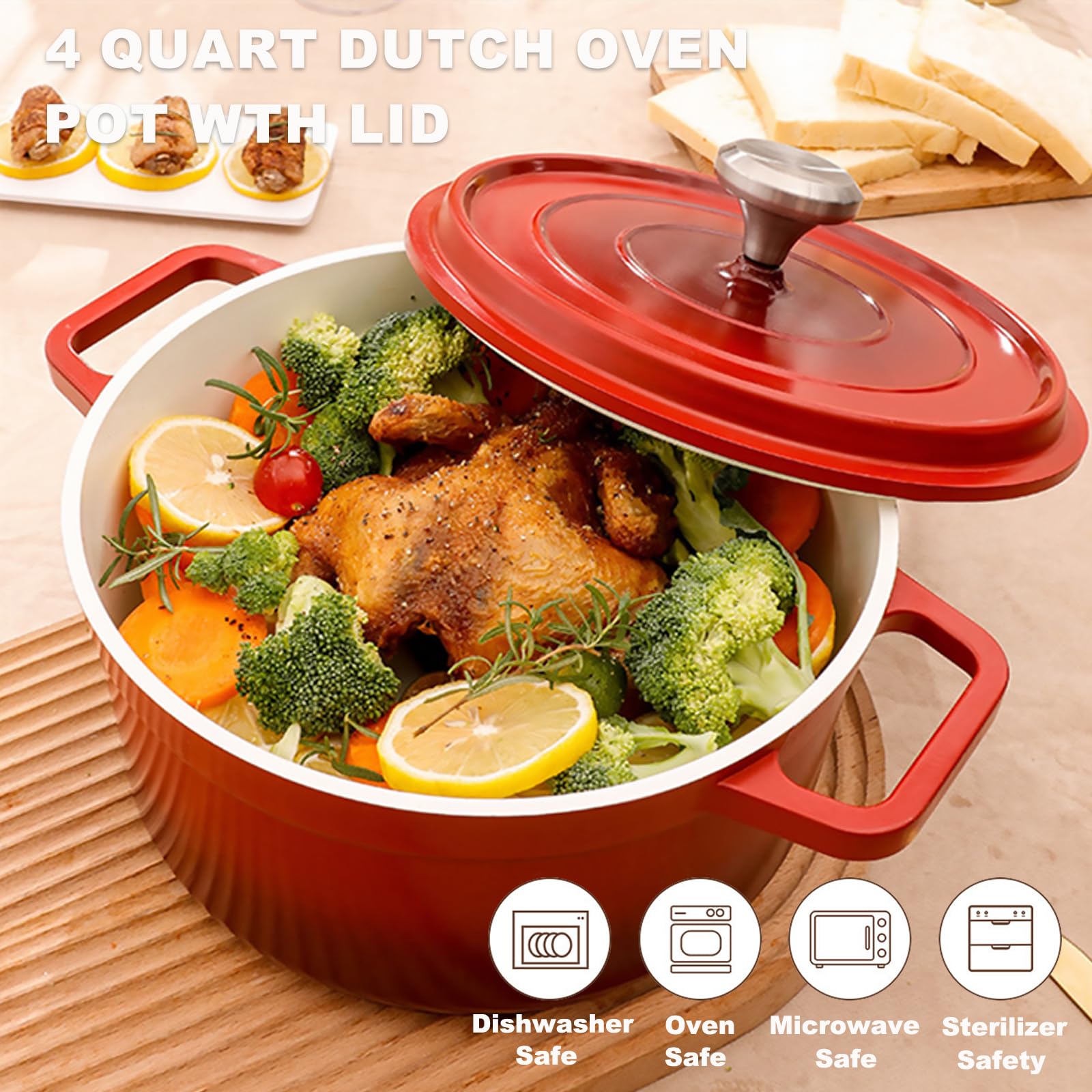 Dutch Oven Pot With Lid, 4 Qt Nonstick Enameled Dutch Oven for Bread Baking, Dual Handles Ceramic Saucepan, Kitchen Cookware for Braising Stews Roasting Baking, Safe across All Cooktops (Red)