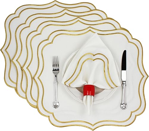 Juego de 4 manteles individuales de algodón y lino, de doble capa, lavables a máquina, resistentes a las arrugas, festoneados y bordados, manteles