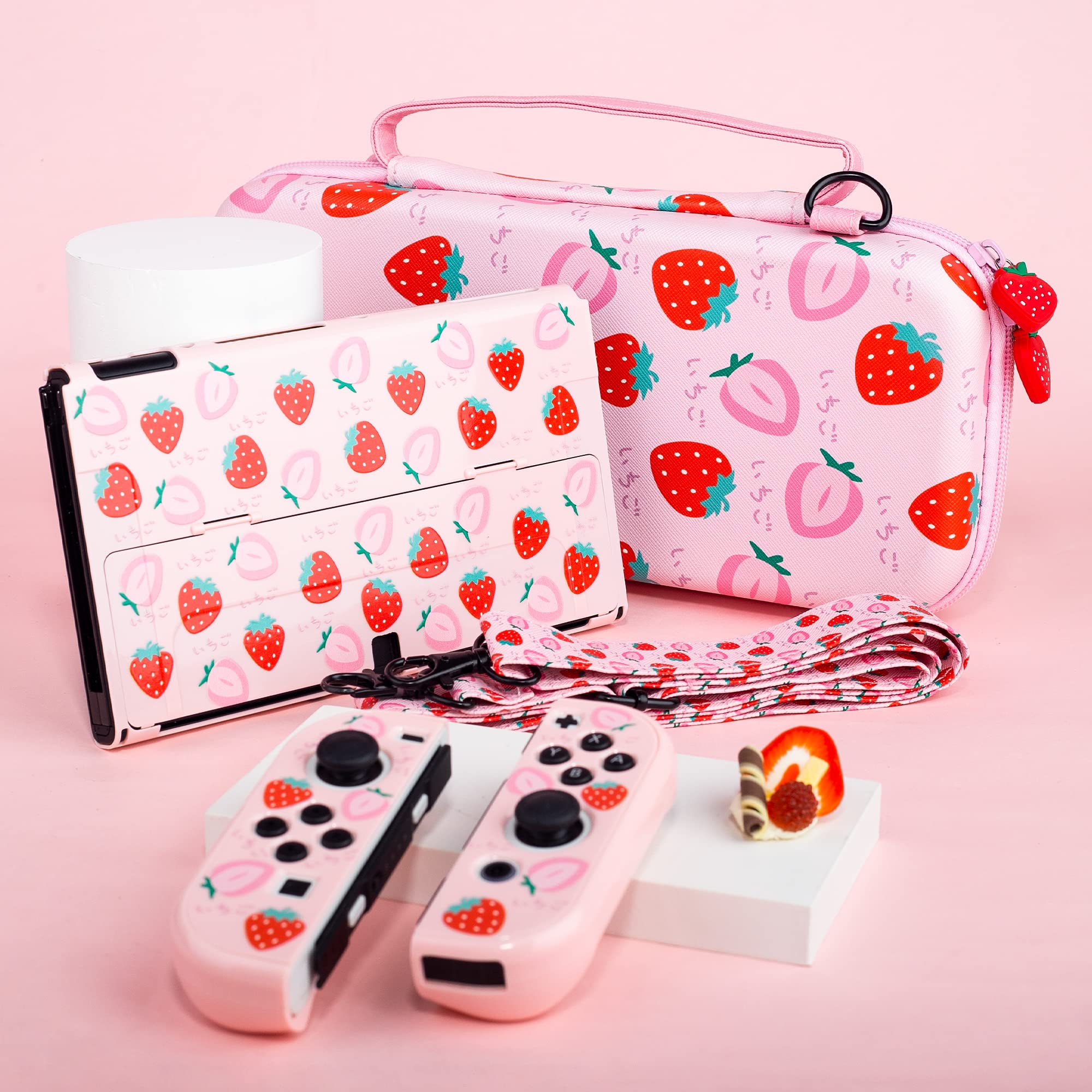 RHOTALL Strawberry - Custodia da viaggio per Nintendo Switch OLED, custodia portatile da viaggio per accessori con guscio protettivo rosa, tracolla, protezione schermo e 2 tappi per pollice