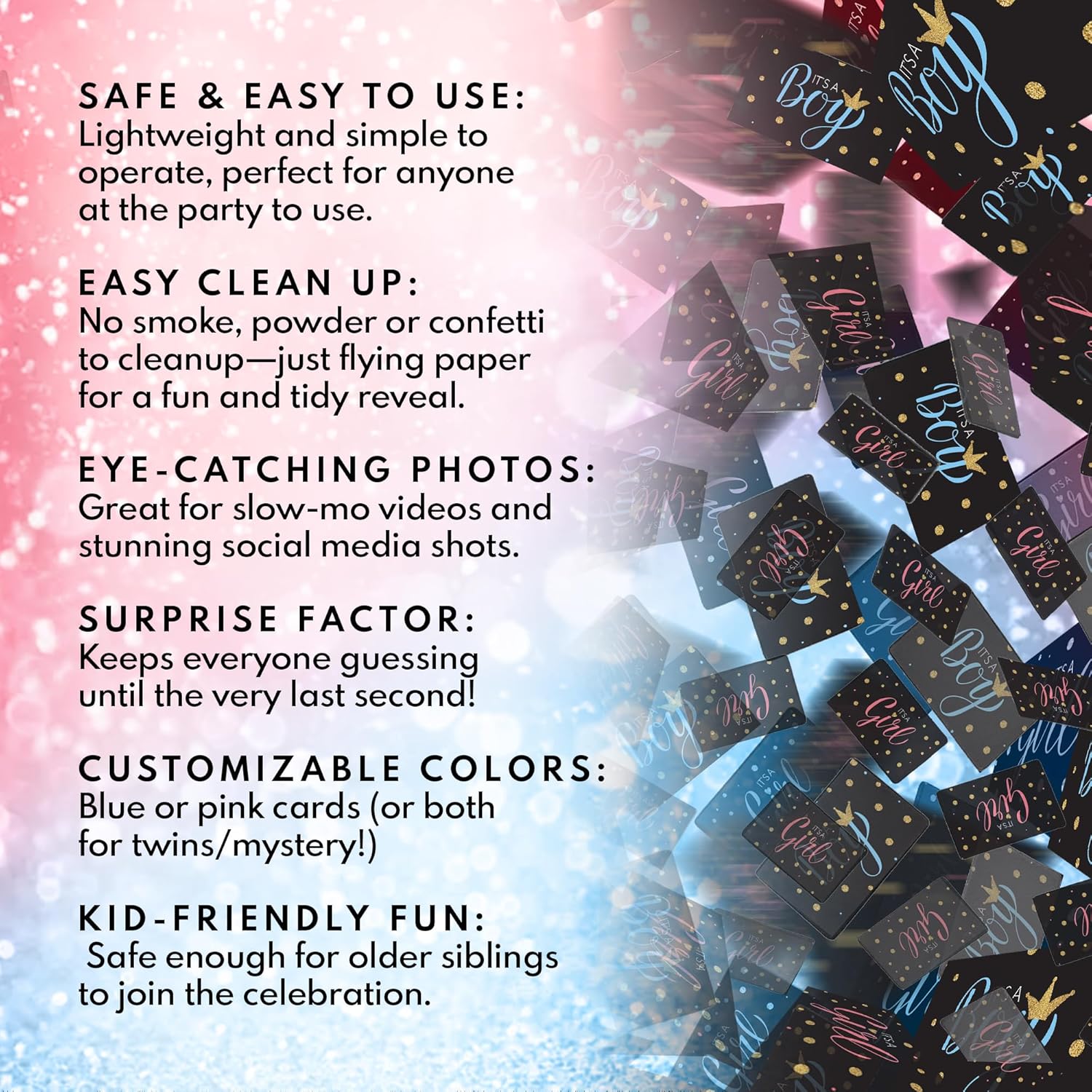 Gender Reveal Confetti Card Gun – “It’s a Boy” or “It’s a Girl” Cards Launcher – Fun Gender Reveal Party Prop, Baby Shower Supplies for Team Pink or Blue – Boy or Girl Announcement Blaster