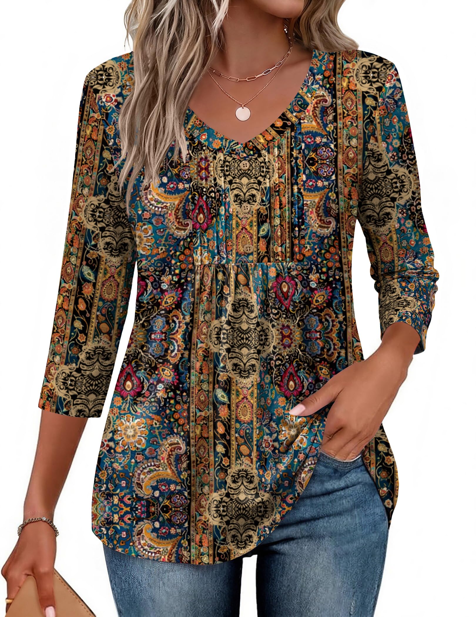 Ekouaer 3/4 Length Sleeve Womens Tops V Neck Blouses Casual Pleated Shirts