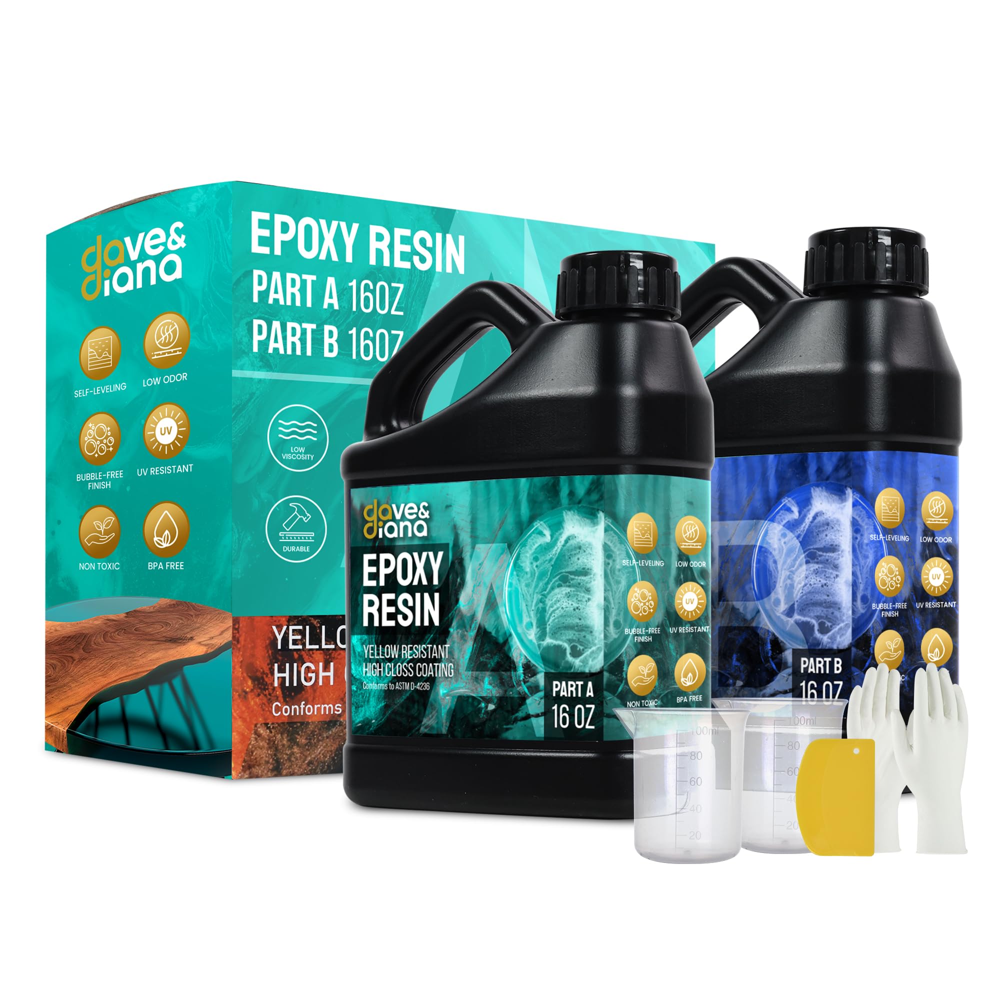 Dave & Diana Crystal Clear Epoxy Resin 16oz – Includes 16oz Each of Resin A & Hardener B, Anti-Yellowing, Wear-Resistant, High Gloss, No-Bubble