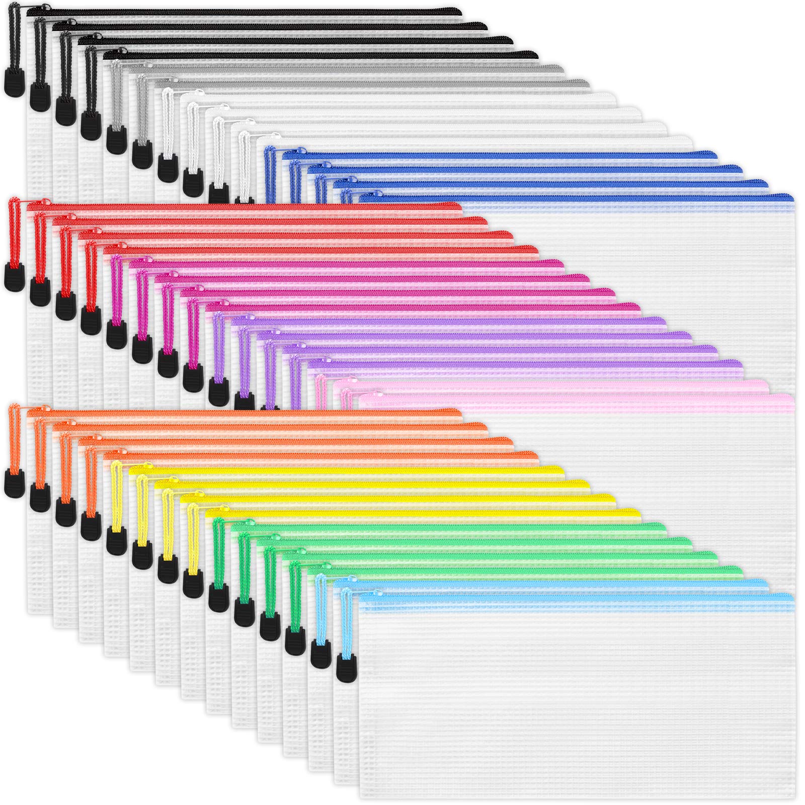 LABUK42pcs Small Zipper Pouch, 9.5x4.3 Inches Mesh Zipper Pouches, 12 Colors Zipper Bags, Waterproof Plastic Zip Bags for Bill Stationary, Office Supplies Storage and Classroom