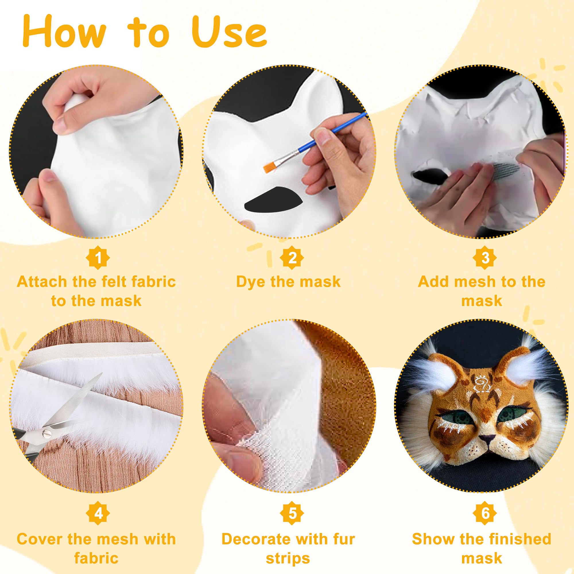 Tunejoy Maschera Gatto Bianca Vuota 6 Pezzi Therian Maschera Gatto Kit DIY Dipinta Mano Maschere con Finta Pelliccia e Foglio di Feltro per Carnevale Cosplay Natale Halloween