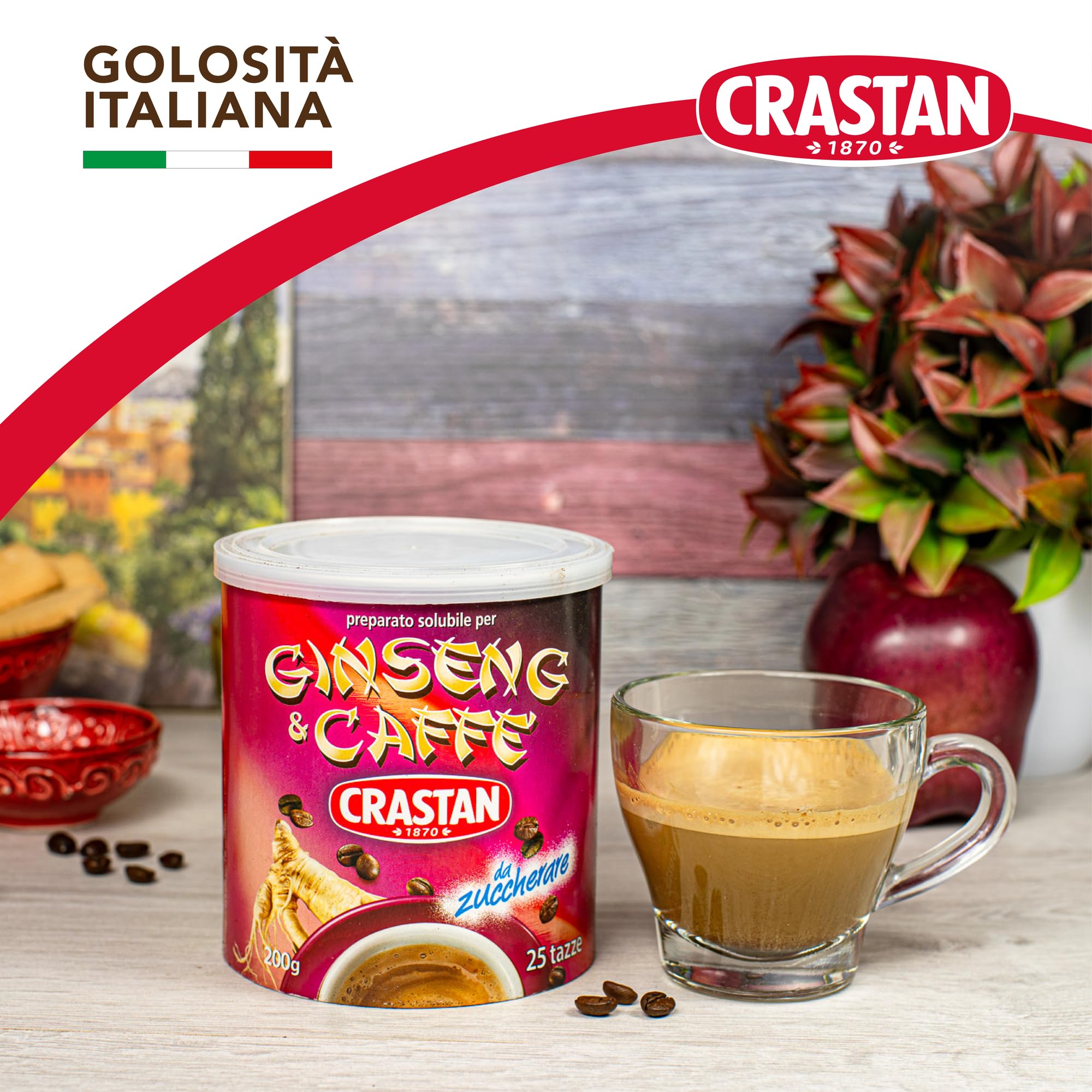 Crastan, Ginseng & Caffè, Preparato Solubile a Base di Ginseng e Caffè da Zuccherare a Piacere, 50 Tazze, Bevanda Senza Glutine e Grassi Idrogenati, 100% Made in Italy, 2 Barattoli da 200 gr
