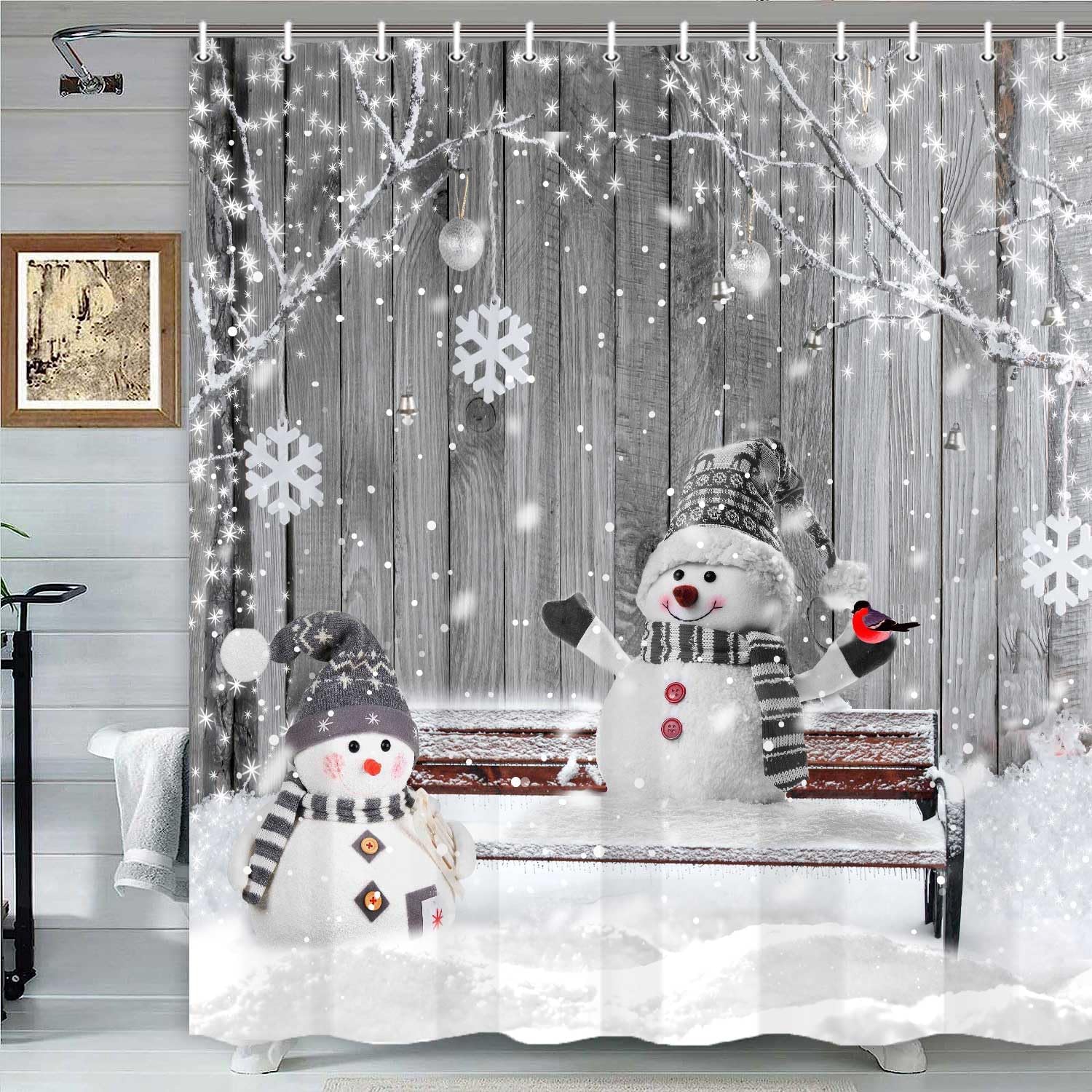 Winter Christmas Shower Curtain, Cute Snowman Covered Snow Snowflake Scene Xmas Holiday Decor Fabric Bath Curtain for Bathroom, Farmhous, 60X72in