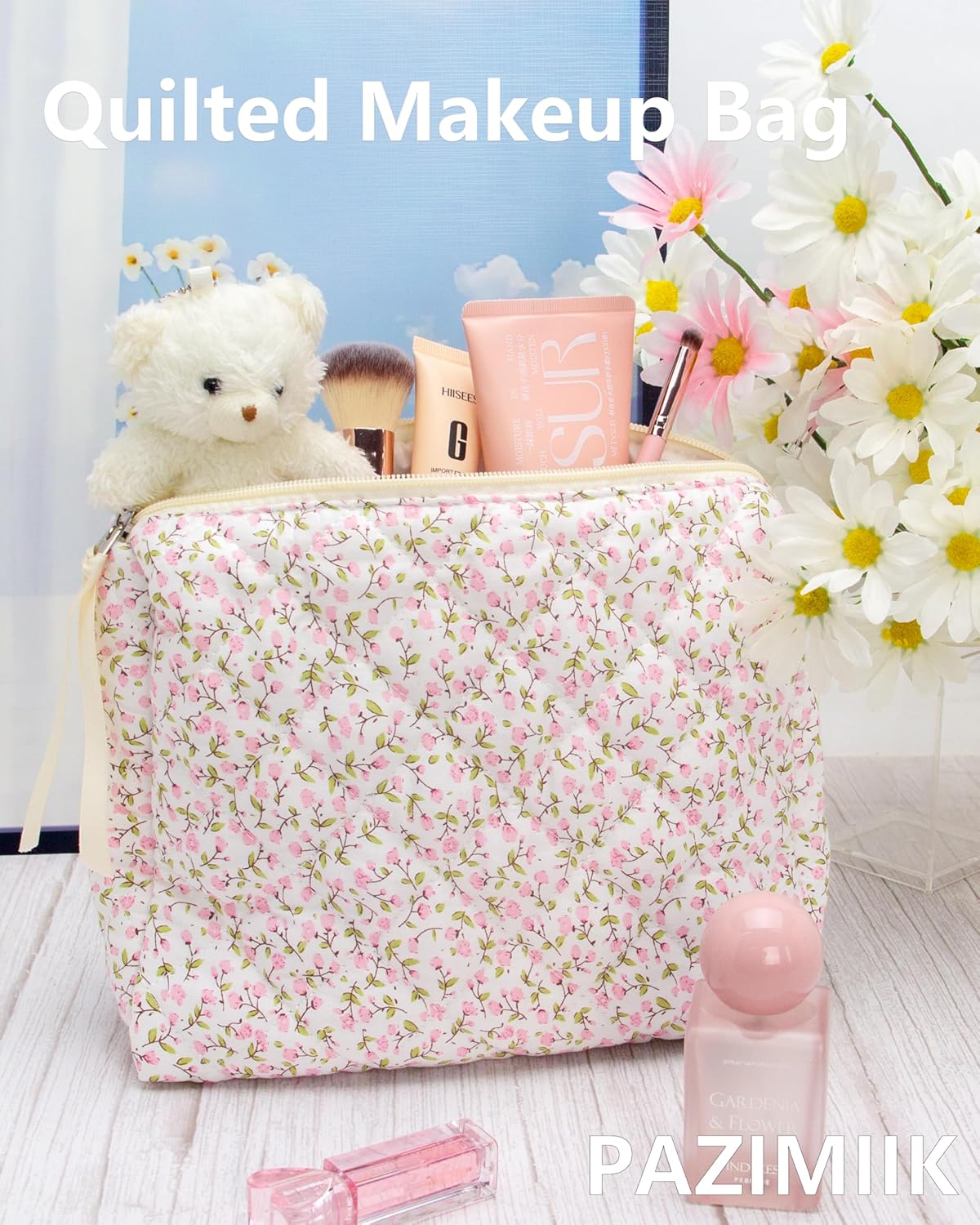 Quilted Makeup Bag Large Travel Zipper Soft Cosmetic Pouch for Women Girls Make Up,Floral Pink - Image 3