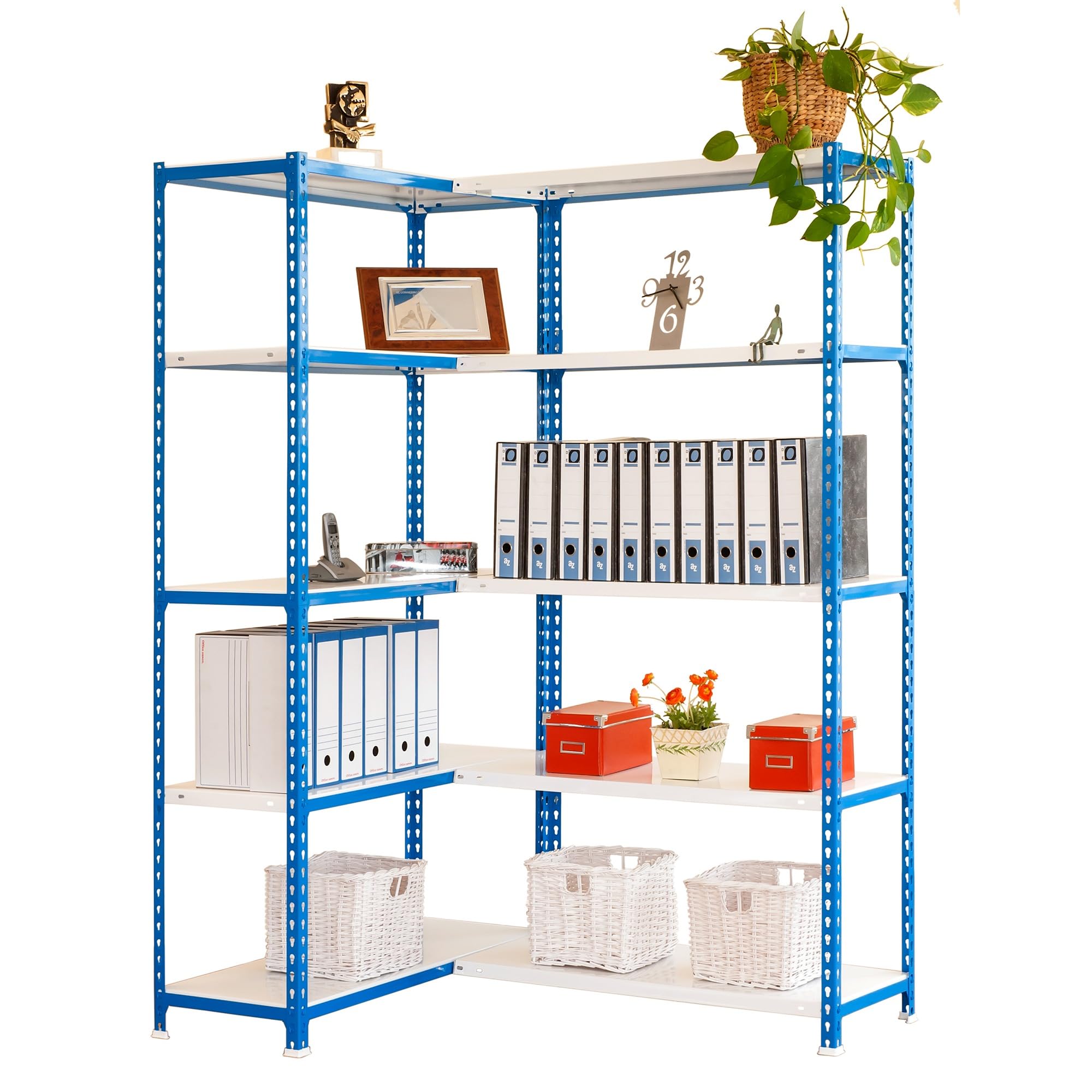 Simon Rack Estantería Metálica Esquina Almacenaje, Sin Tornillos, 10 Baldas, Alta Capacidad Carga 80 kg, 2000x1400x400 mm, Estantería Garaje Trastero Oficina, Azul/Blanco