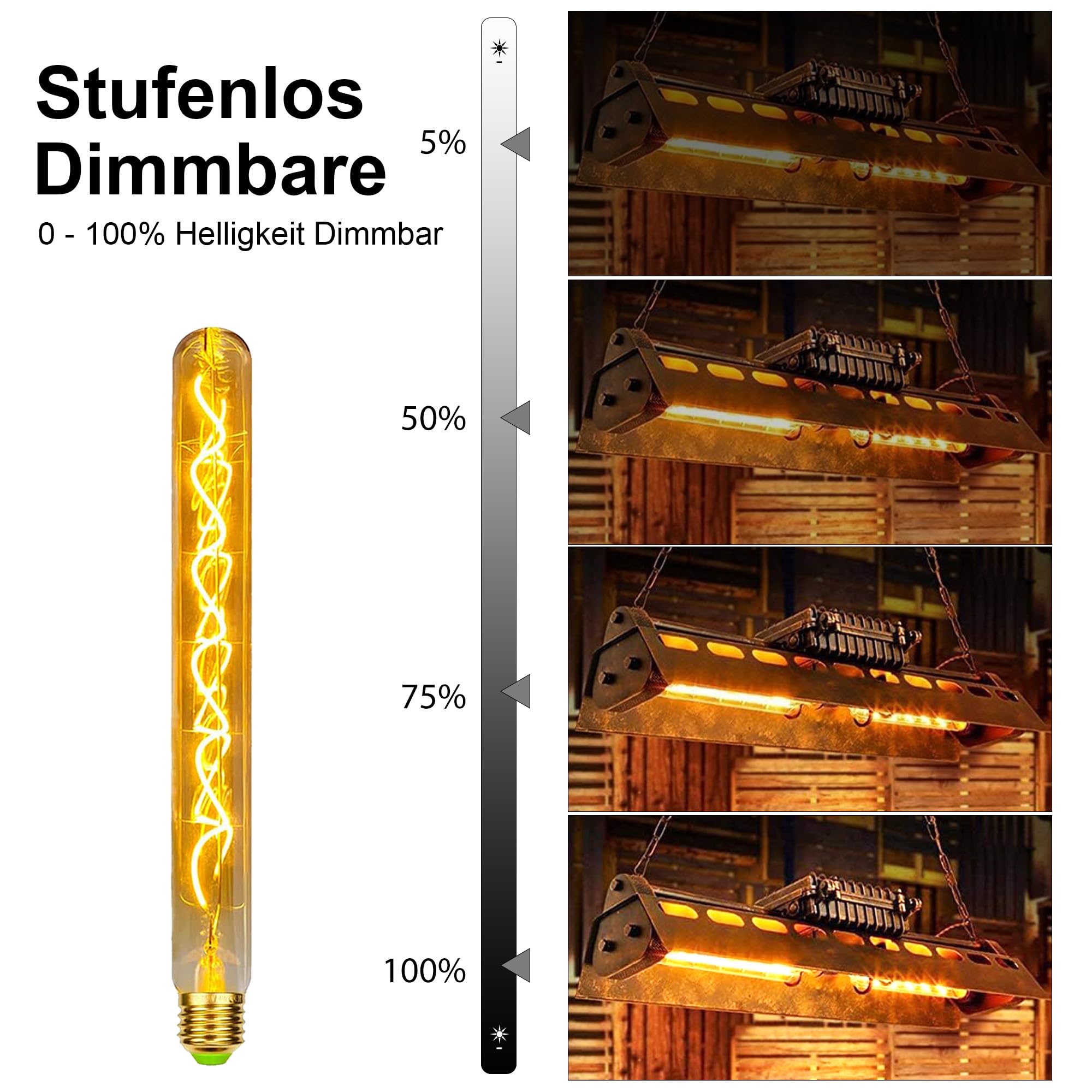 E27 LED Vintage Glühbirne 4W Dimmbar 300mm Lang T30, Bernstein - 4 Stück