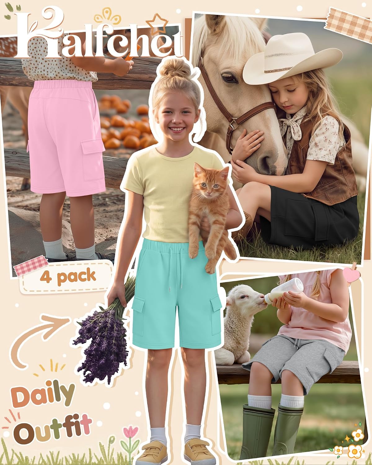 Halfchet 4 Pack Girls Cargo Bermuda Shorts | School Uniform Shorts, Teen Girls Long Sweatshorts, Knee Length Pants with Pockets, Multi Pack Casual Loose Clothes