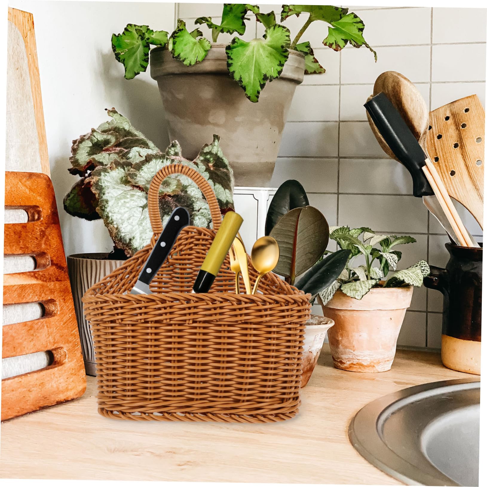 ORFOFE 3pezzi Cesta Appendi Cucina Plastica Intrecciata Contenitore Decorativo Per Posate e Cucina Stile Country Per Organizzare e Accessori