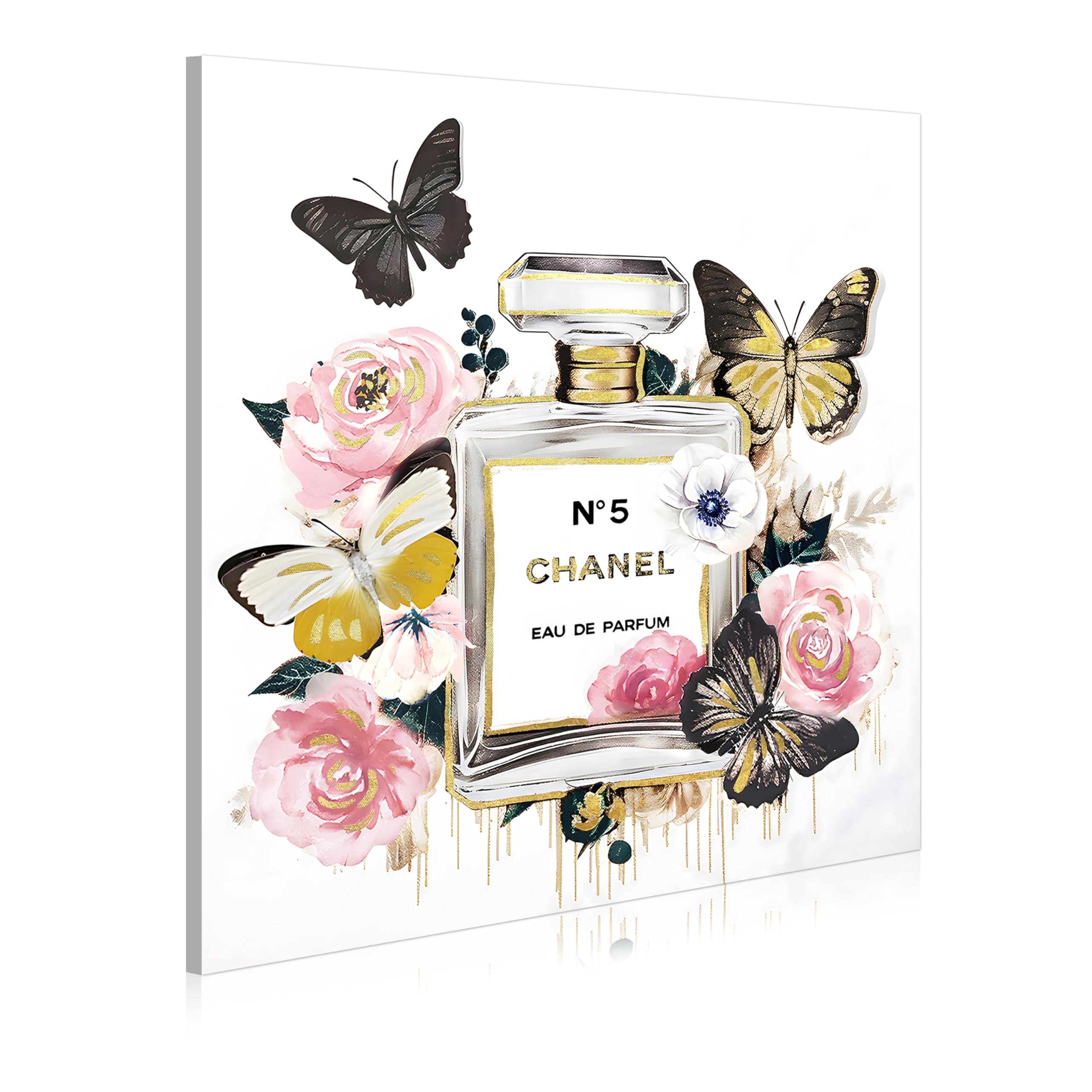 Dream Land Glam Perfume Bottle Wall Art: 20''x20'' Fashion Flowers Gold Butterfly Artwork for Makeup Room