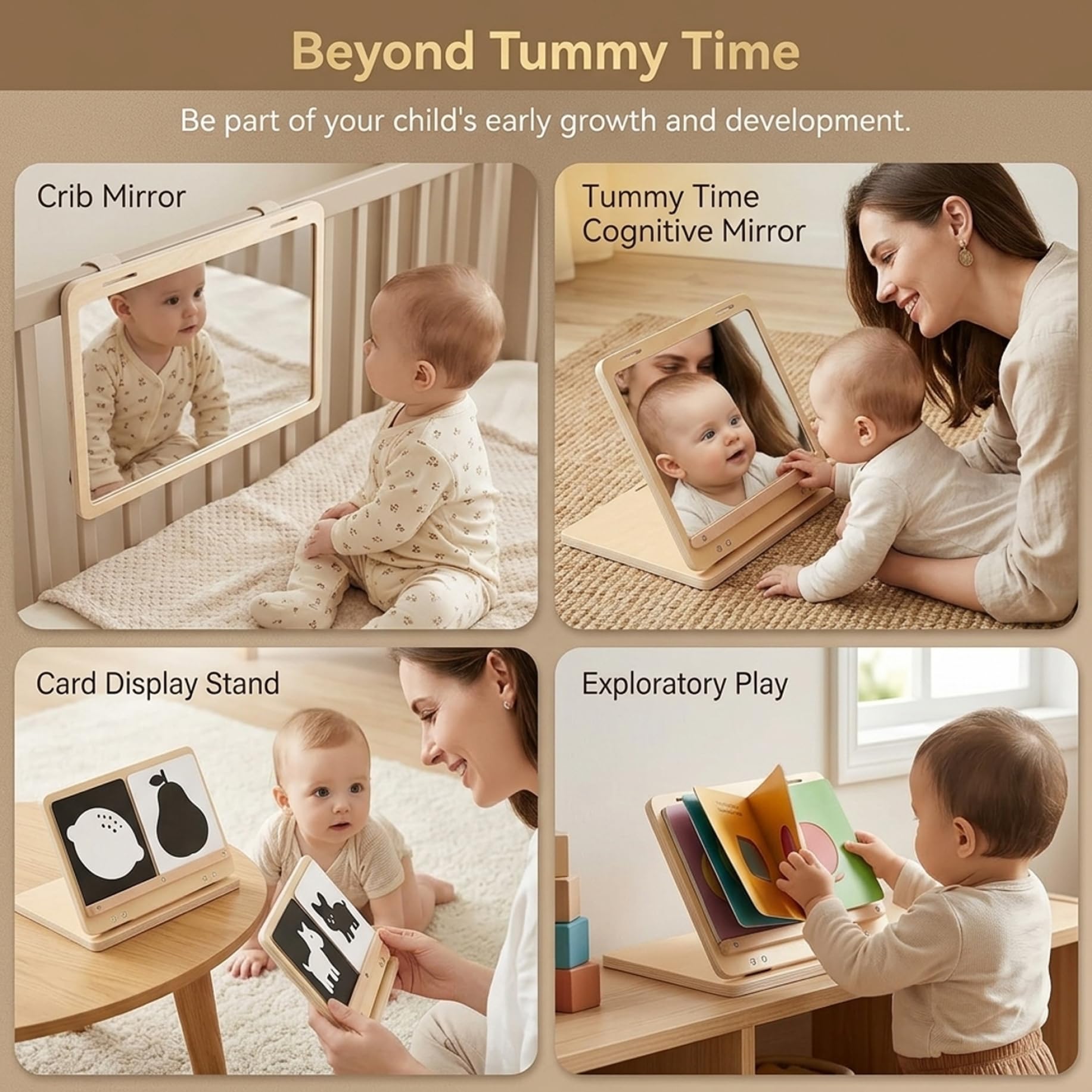 Juguete para bebé con espejo boca abajo, juguete sensorial con espejo Montessori con soporte ajustable y tarjetas visuales para recién nacidos de 0 a 3 meses, madera para juguetes y juegos de de.