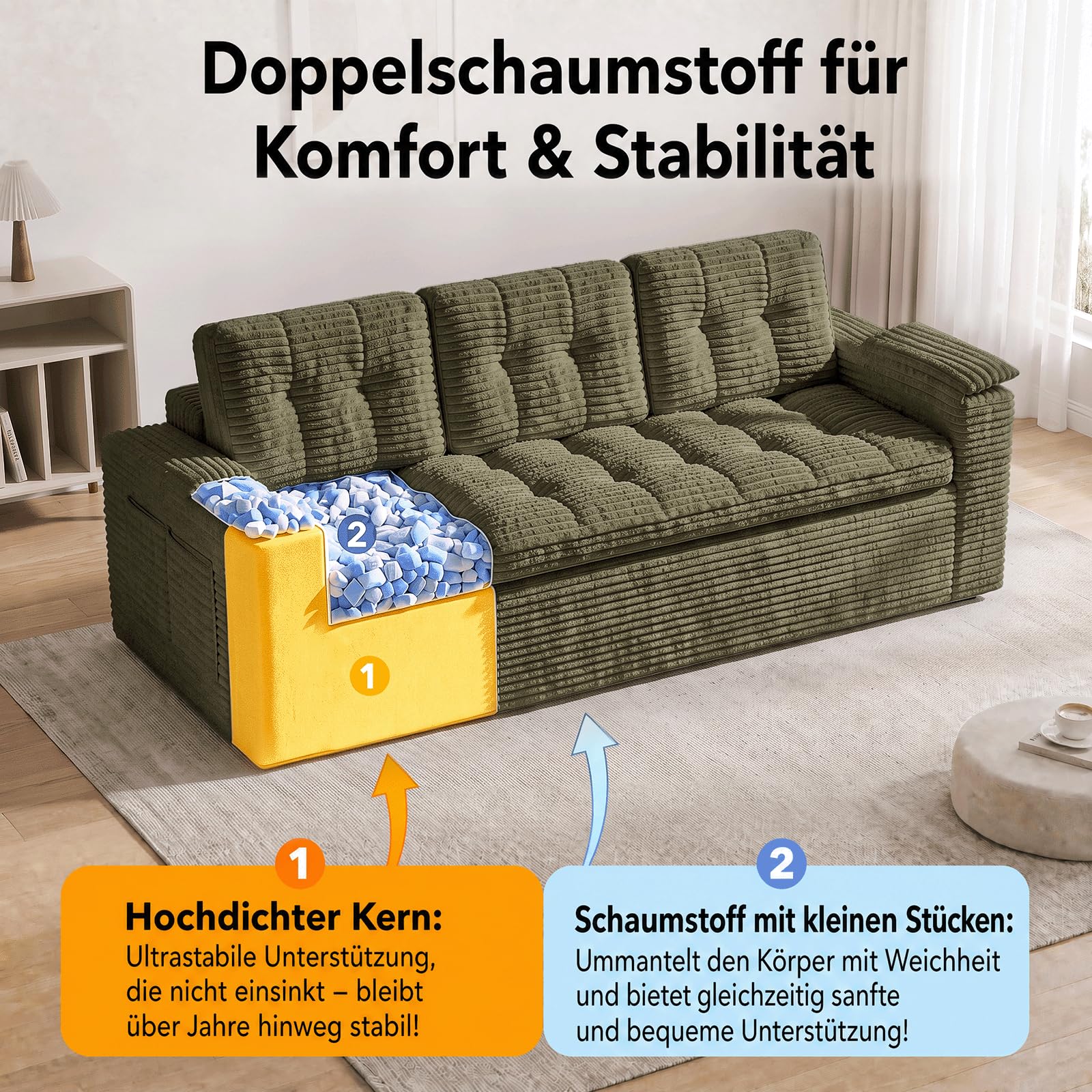 Fabulcozy 3-Sitzer Sofa 210 cm aus Cord mit Fußstütze, Seitentaschen, Armlehnenkissen und 3 Kissen inklusive, Bequeme Polsterung, für Wohnzimmer, Apartment,Grün