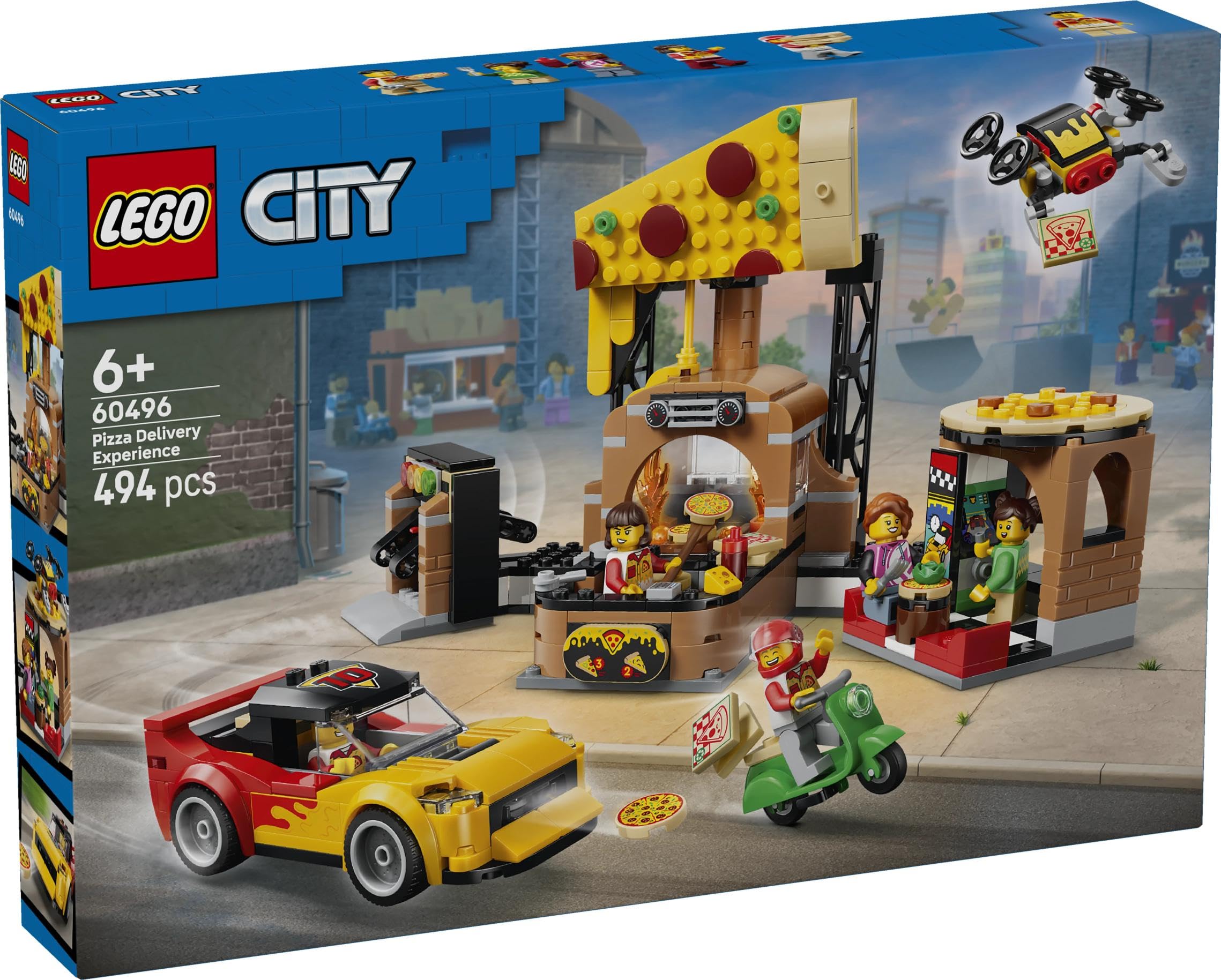LEGO City La Pizzeria et Ses Véhicules de Livraison - Jeu de Construction - Jouet Voiture, Scooter, Drone, Borne d’Arcade & 4 Minifigurines - Idée de Cadeau d'anniversaire pour Garçon dès 6 Ans 60496