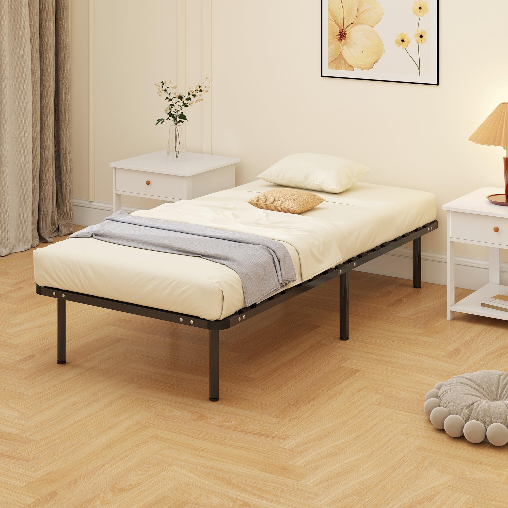 HOMCOM Somier 90x190 cm, Altura 26 cm, Estructura de Cama de Plataforma de Acero con Espacio de Almacenamiento Debajo y Láminas de Álamo, Fácil de Montar, Carga 300 kg, Negro