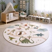 SIMPEX Children's Rug Dinosaurs Round Play Mat, 160 cm for Bedroom, Cream with Dino Pattern, Ideal as a Play Base