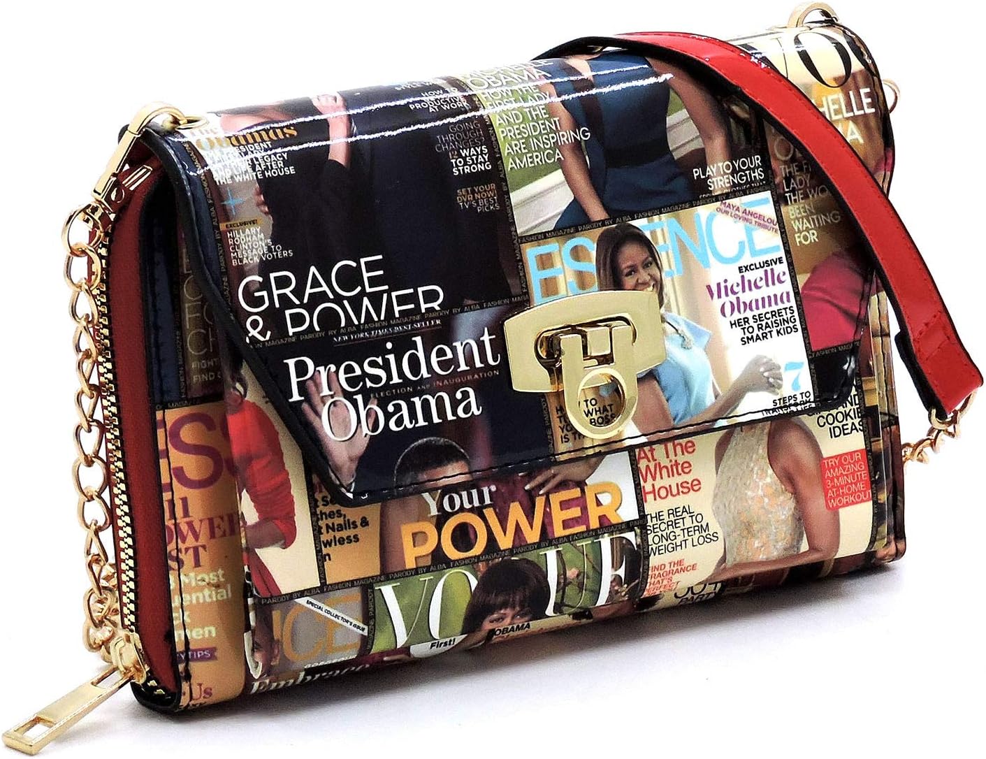 Amy & Joey Glossy Magazine Cover Collage Michelle Obama Printed Crossbody Wallet Clutch Bags with Flap and Zip Around Closure (Single Zip-Multi/Red)