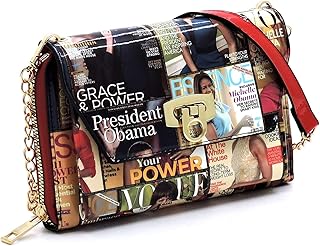 Amy & Joey Glossy Magazine Cover Collage Michelle Obama Printed Crossbody Wallet Clutch Bags with Flap and Zip Around Closure (Single Zip-Multi/Red)