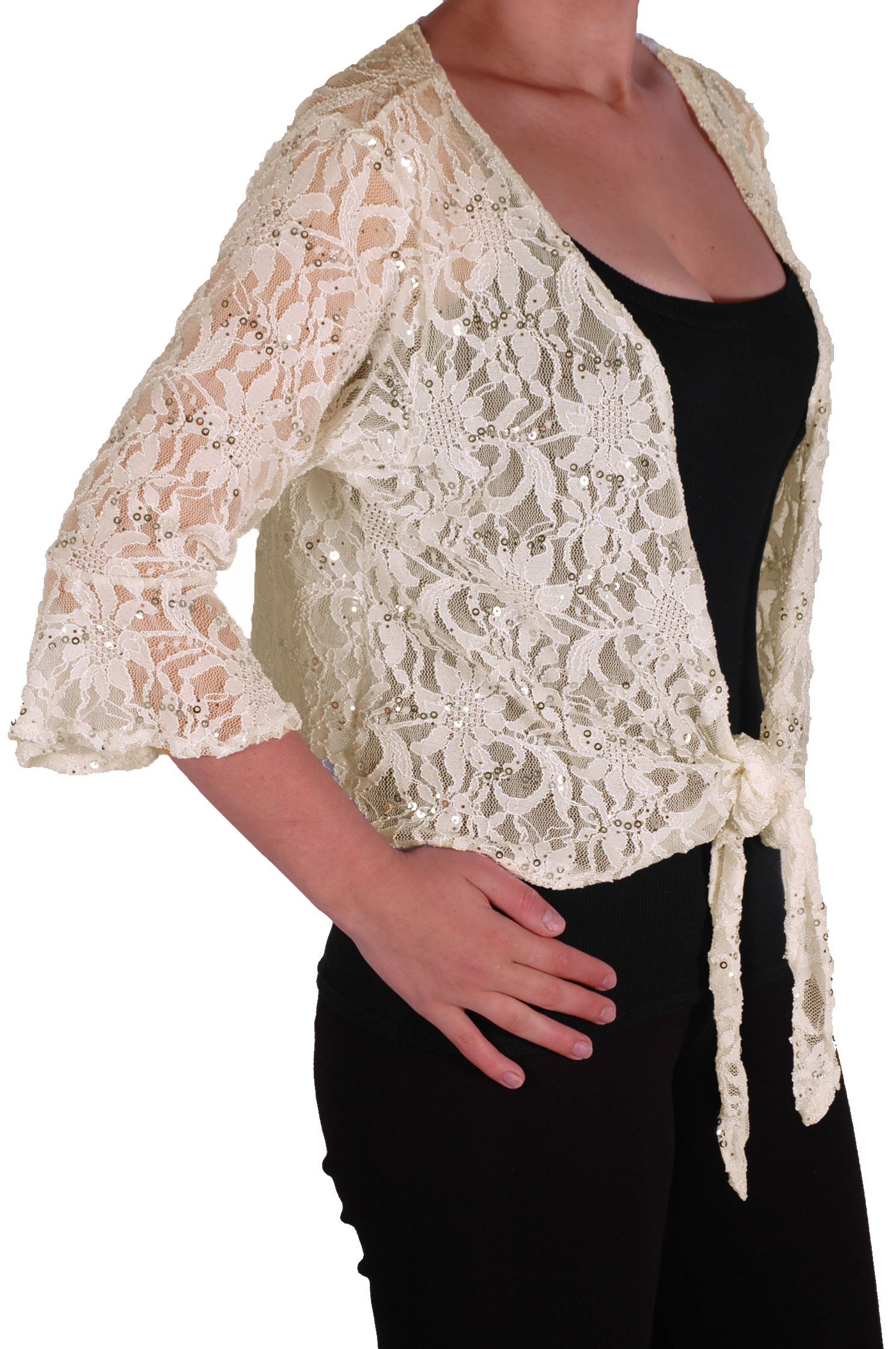 Eye Catch Women's Cream Oversize 12-26 - Darcey Sequin Cardi Tie Shrug Lace Bolero Top Plus Size 12-14