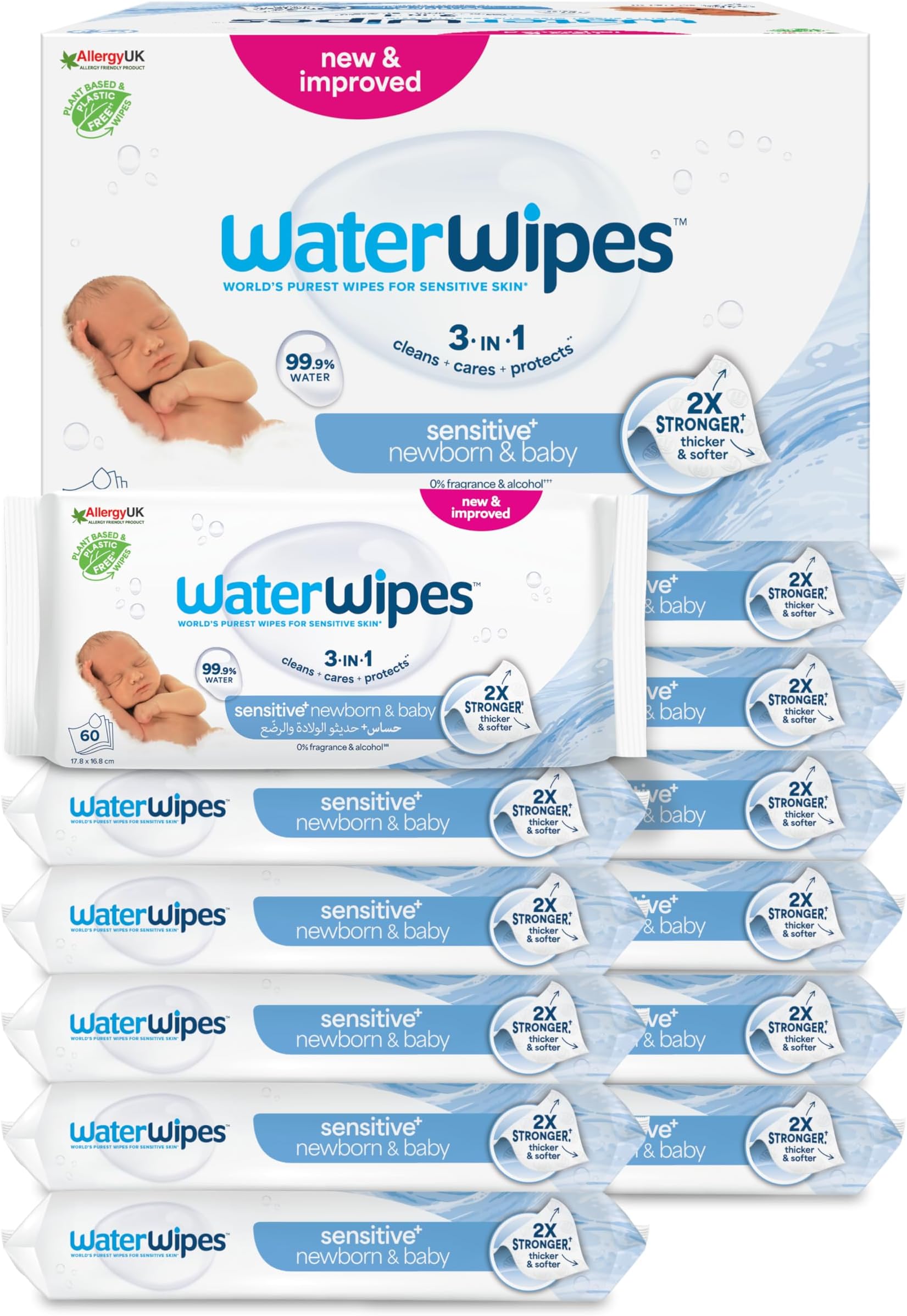 Sensitive+ Newborn & Baby Wipes, 12 Packs, 720 Total Wipes, 99.9% Water, Fragrance Free & Alcohol Free