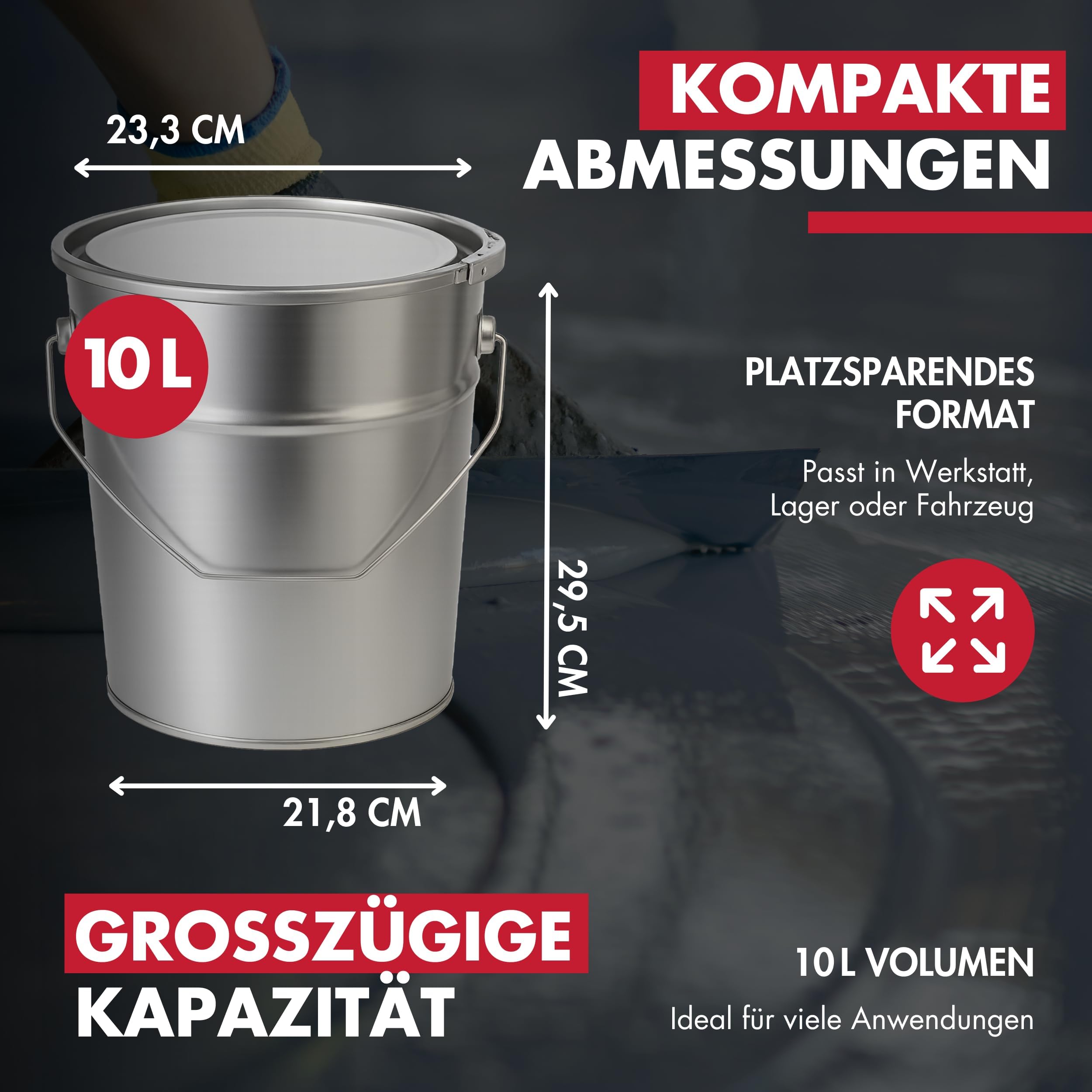 UN-zugelassener Metalleimer 10 L I Weißblech, Gefahrgutgeeignet & Stabil I Mit Deckel, Spannring & Griff I Konische Form I Ideal für Farben, Öle, Harze, Chemikalien, Müll, Lagerung UVM.