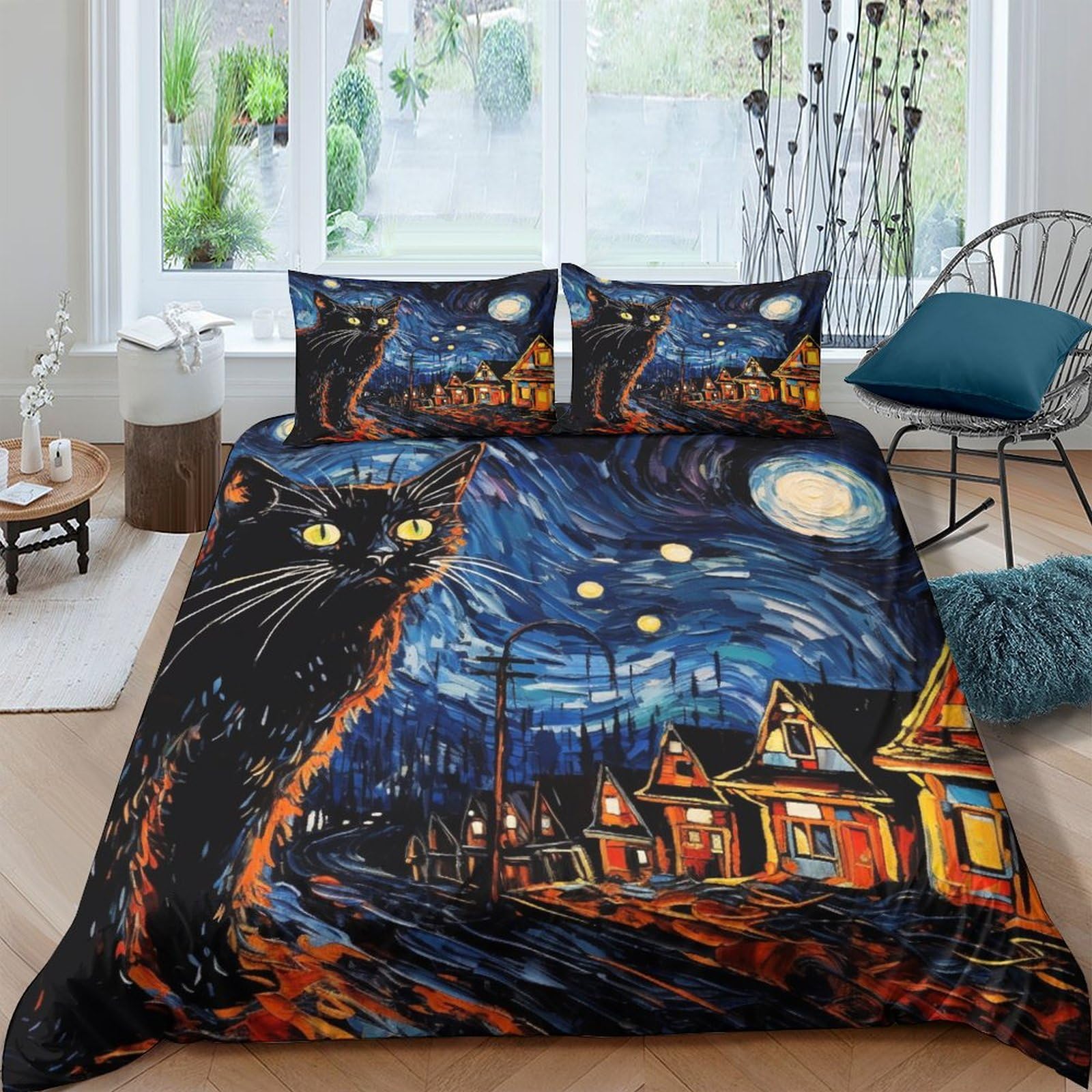 Housse de couette chat peinture à l'huile parure de lit 3 pièces 200x200cm pour adulte et enfant