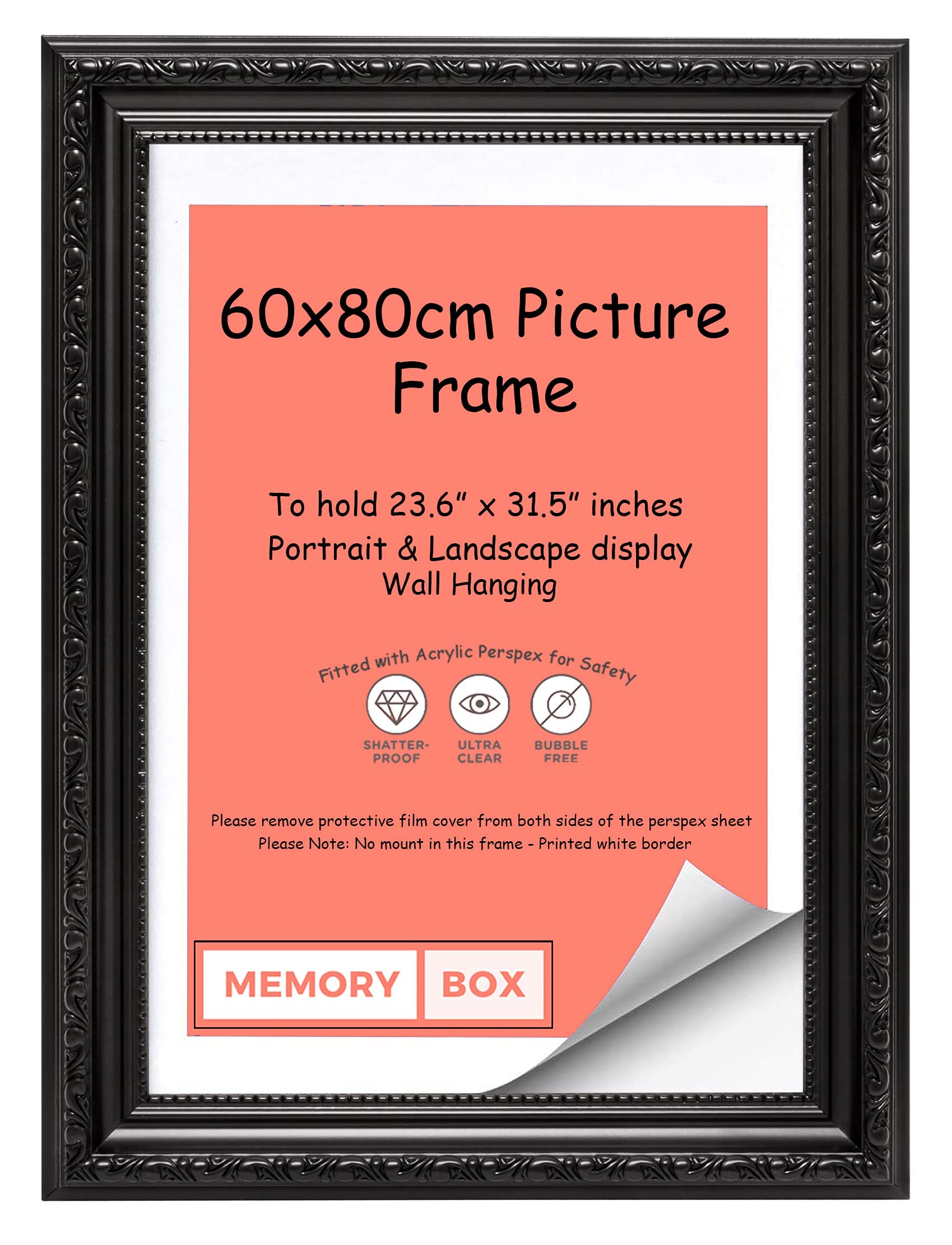 Memory Box Ornate Shabby Chic Picture/Photo/Poster frame with Perspex Sheet - (60 x 80cm) Black 23.6" x 31.5"