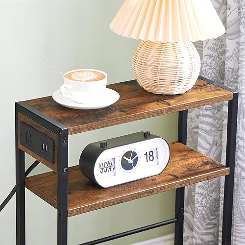 Miniatura 9 de HOOBRO Mesa auxiliar pequeña y estrecha con estación de carga, juego de 2, mesa auxiliar delgada para espacios pequeños, mesita de noche delgada con