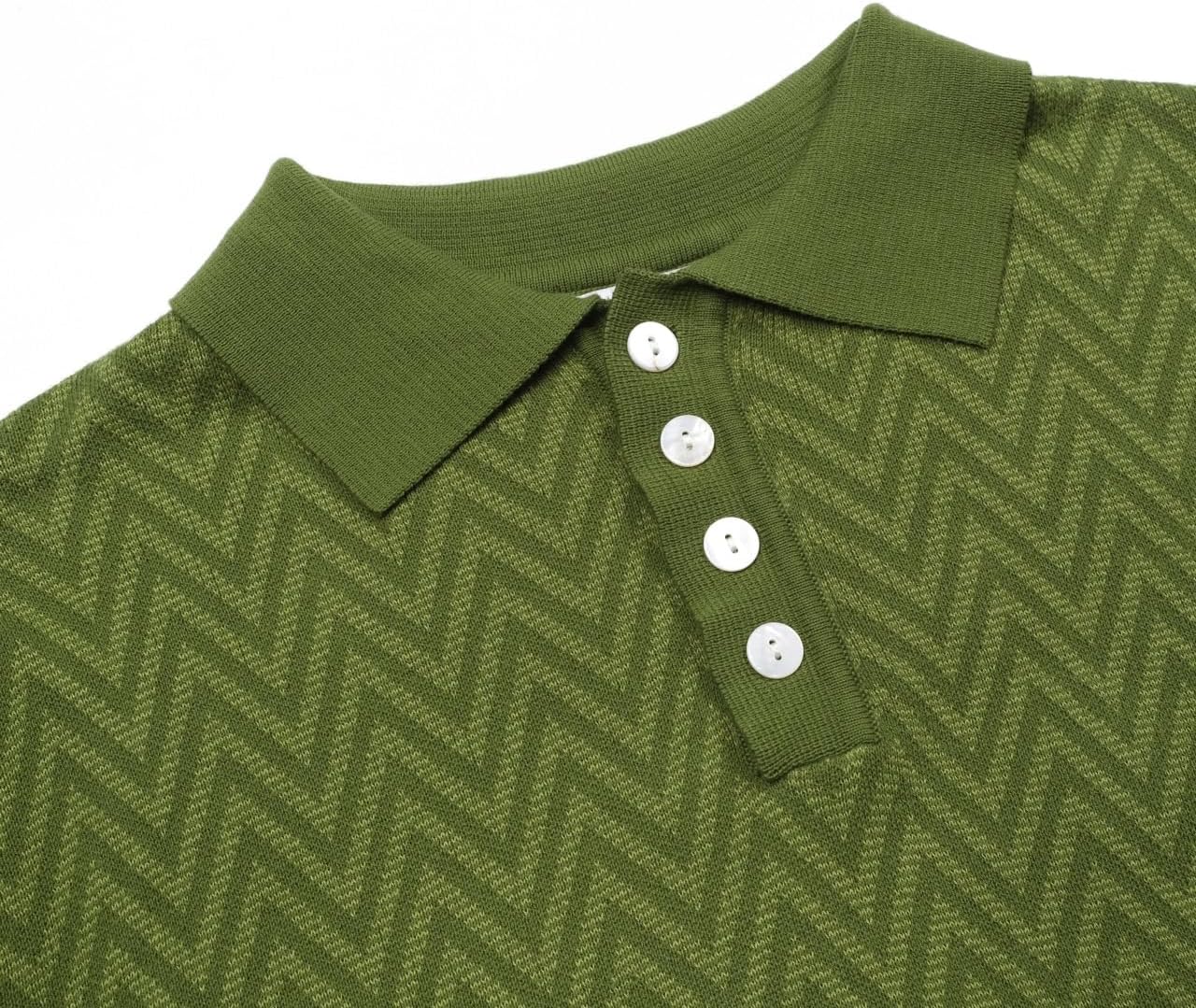 OXKNIT Men's Retro Green Knitted Poloshirt, 1960s Mod Vintage Texture Polo Cotton Short Sleeve with Quarter Button - Image 3