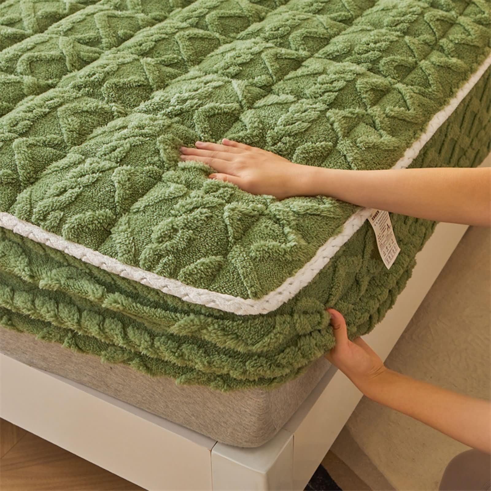 Sábana bajera ajustable de franela de color sólido con patrón de rombos y 2 fundas de almohada, fácil cuidado | Verde, Super King (200 x 220 cm)
