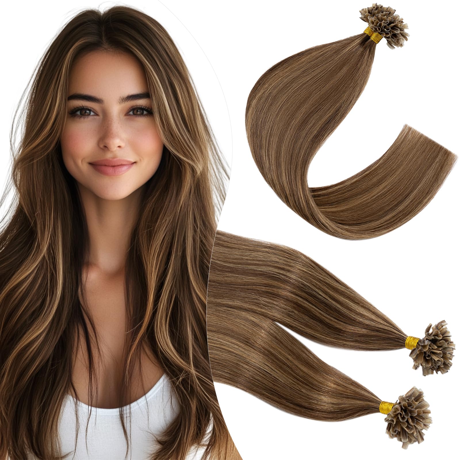 Elailite Extension Capelli Veri Cheratina Lunga Durata 100 Ciocche Meches 100% Remy Human Hair Balayage U Tip Nail Naturali Lisci 40cm 50g #4/#27 Marrone Cioccolato/Biondo Scuro