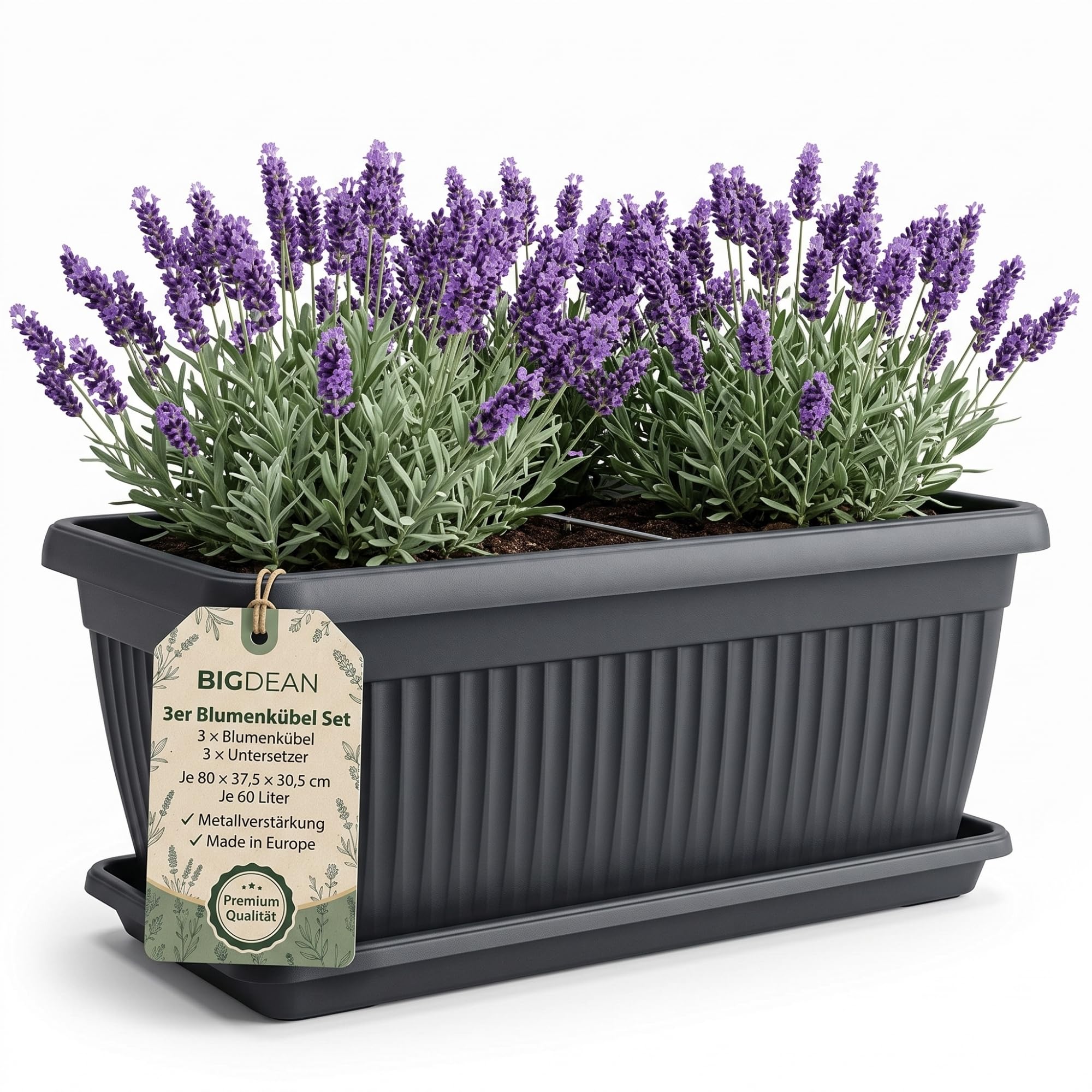 BigDean 3 Stück 60 Liter Blumenkübel Jumbo 80x37,5x30,5cm Blumenkasten | Mediterranes Design, Lieferung inkl. Untersetzer, Farbe: Anthrazit, Pflanzkübel, XXL, Blumentopf, groß