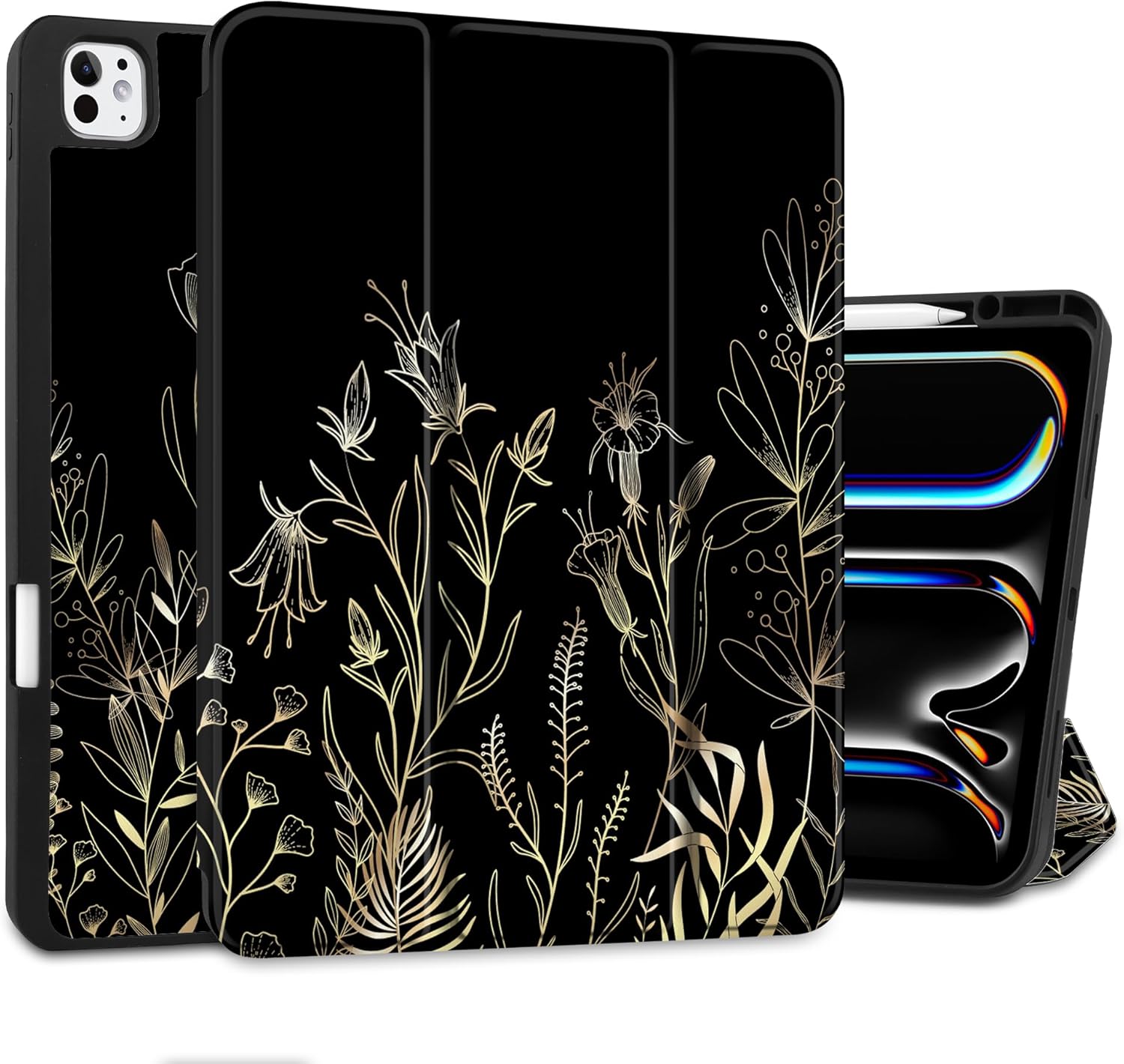 DONGKE Case for iPad Pro 13 inch (M5 2025 / M4 2024) – [Built-in Pencil Holder] Ultra Slim PU Leather Trifold Stand Cover with Soft TPU Back, Auto Wake/Sleep - Floral Blooming