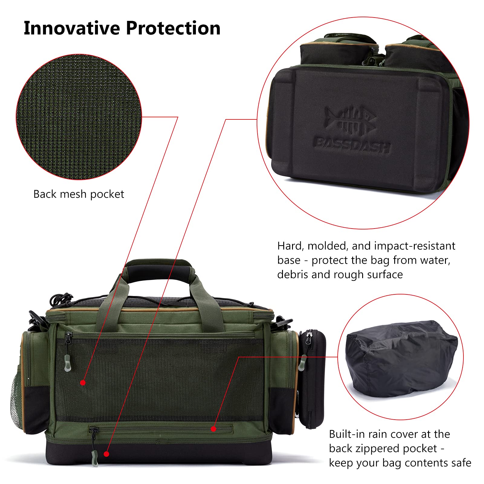 Bassdash Borsa per Attrezzatura da Pesca,Borsa da Pesca,Impermeabile，con Copertura Antipioggia Inferiore Rigida Modellata