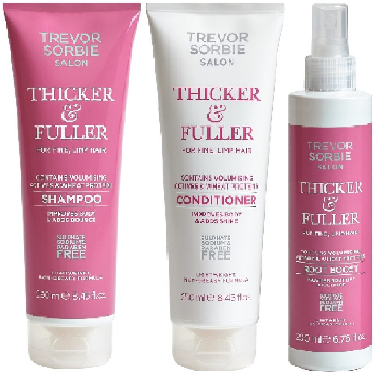 (3 Pack) Trevor Sorbie Thicker and Fuller Hair Set - Trevor Sorbie Thicker and Fuller Shampoo, Thicker and Fuller Conditioner, Thicker and Fuller Root Boost for Fine Limp Hair