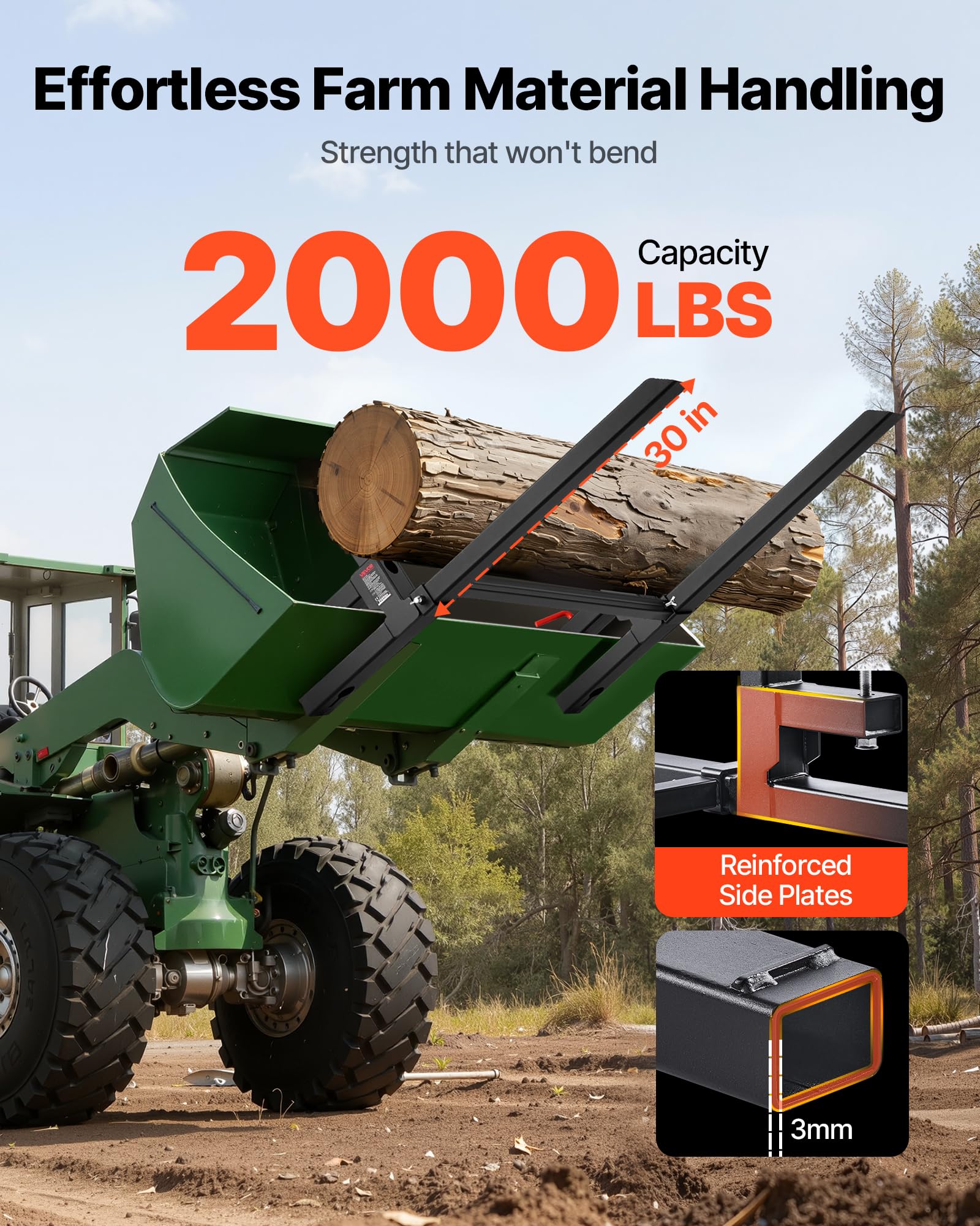 VEVOR Forche per Pallet con Morsetto da 907 kg Lunghezza Totale 109 cm, Forche per Trattori per Impieghi Gravosi con Barra Stabilizzatrice Regolabile per Accessori per Trattori, Benna di Carico