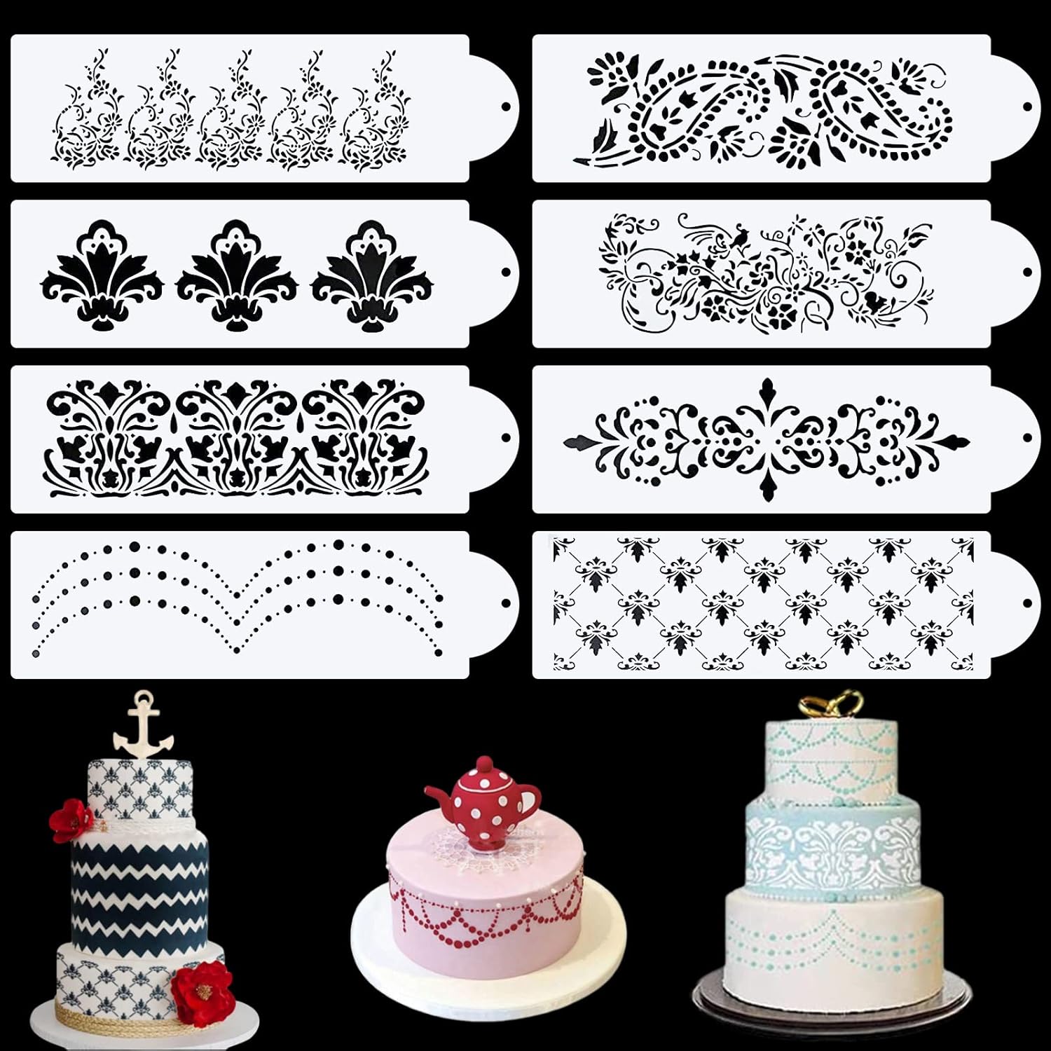 8 Stück Stencil Schablonen Torten 8 Verschiedenen Designs,Cake Stencil
